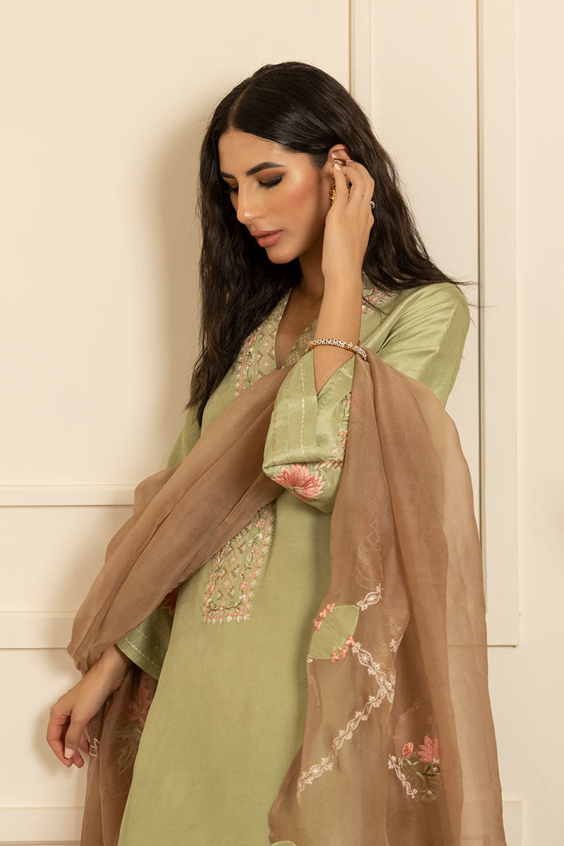 Pakistani Tea Green Embroidered Raw Silk Salwar Kameez (3-Piece) - Image 5