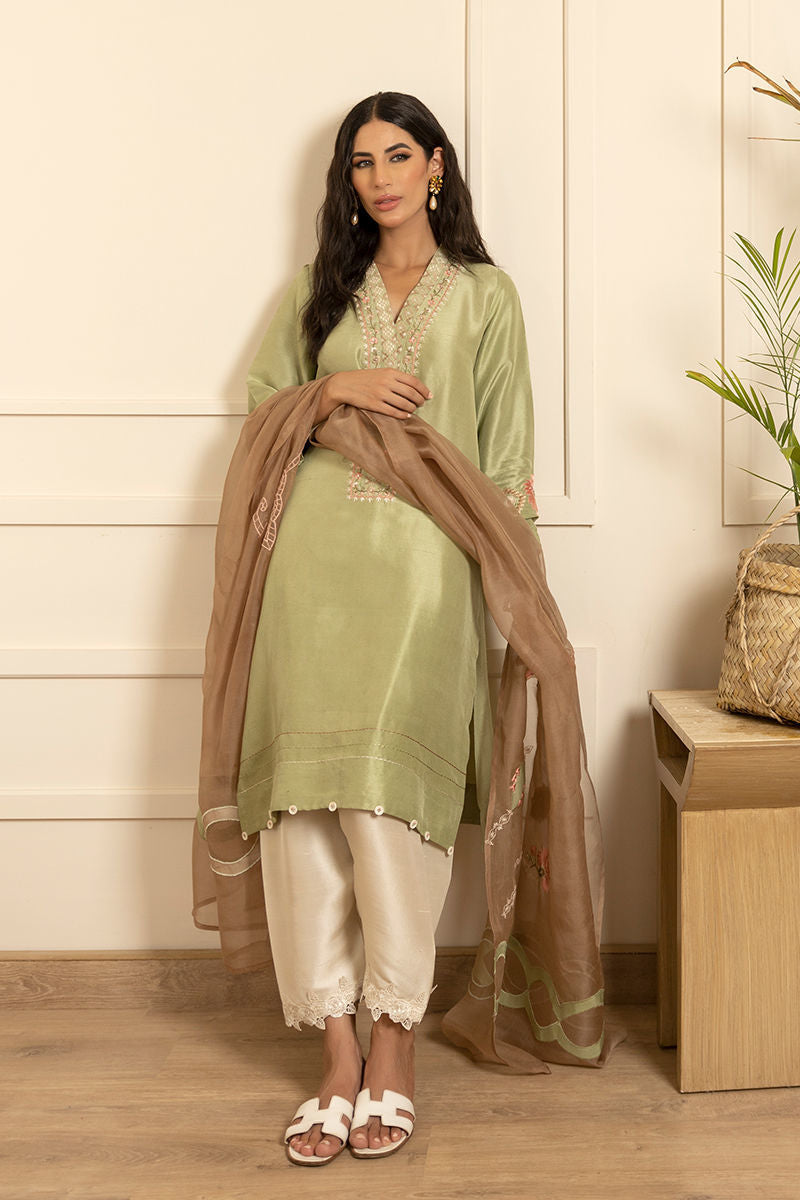 Pakistani Tea Green Embroidered Raw Silk Salwar Kameez (3-Piece) - Image 6