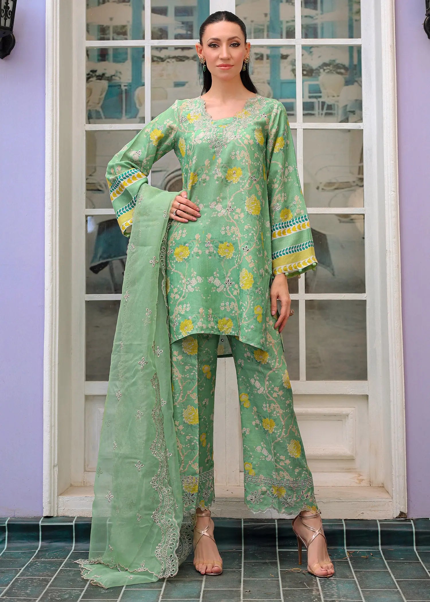 Mint Green Embroidered Raw Silk Salwar Kameez (3-Piece) - Image 1