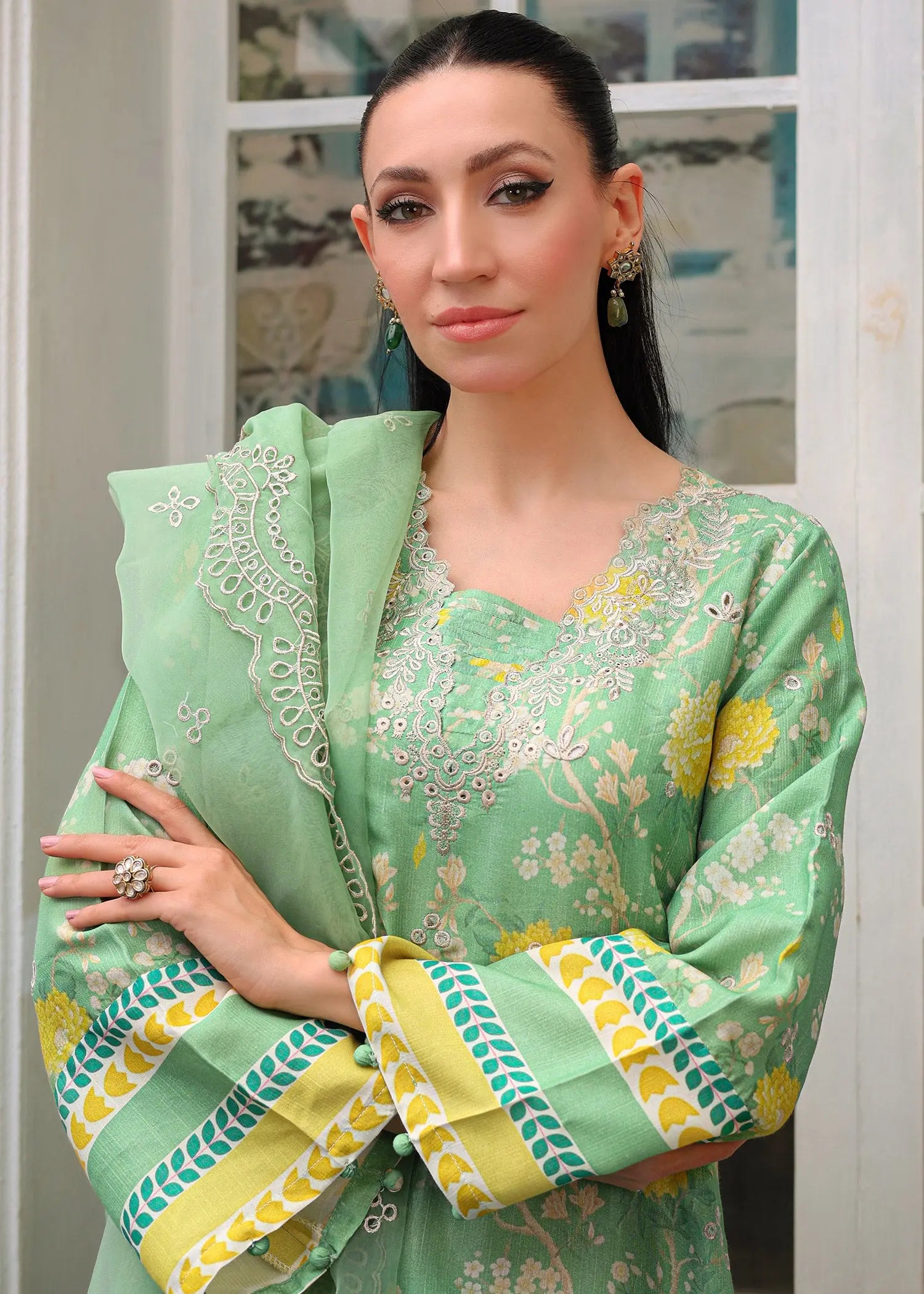 Mint Green Embroidered Raw Silk Salwar Kameez (3-Piece) - Image 10