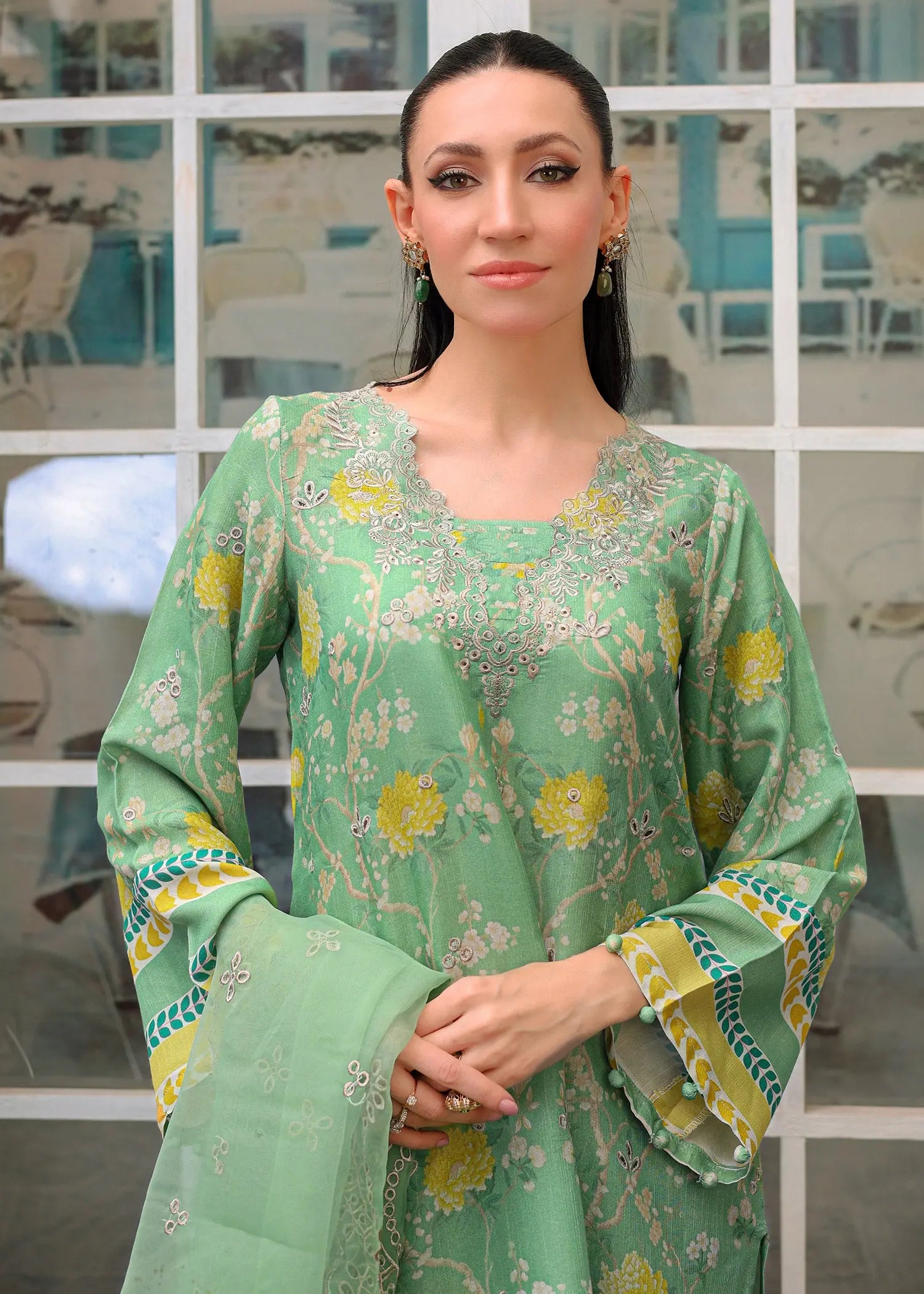 Mint Green Embroidered Raw Silk Salwar Kameez (3-Piece) - Image 3