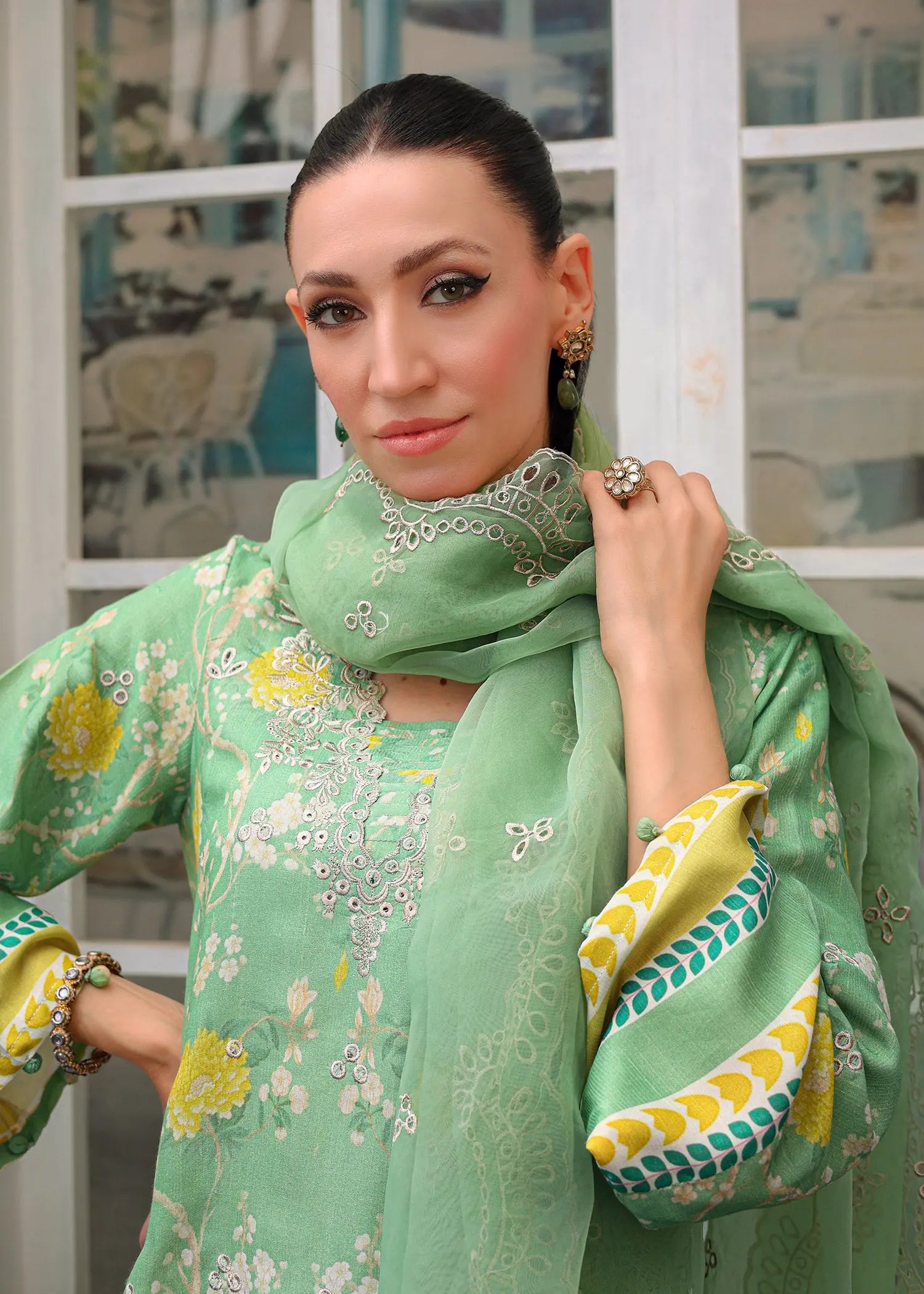 Mint Green Embroidered Raw Silk Salwar Kameez (3-Piece) - Image 4