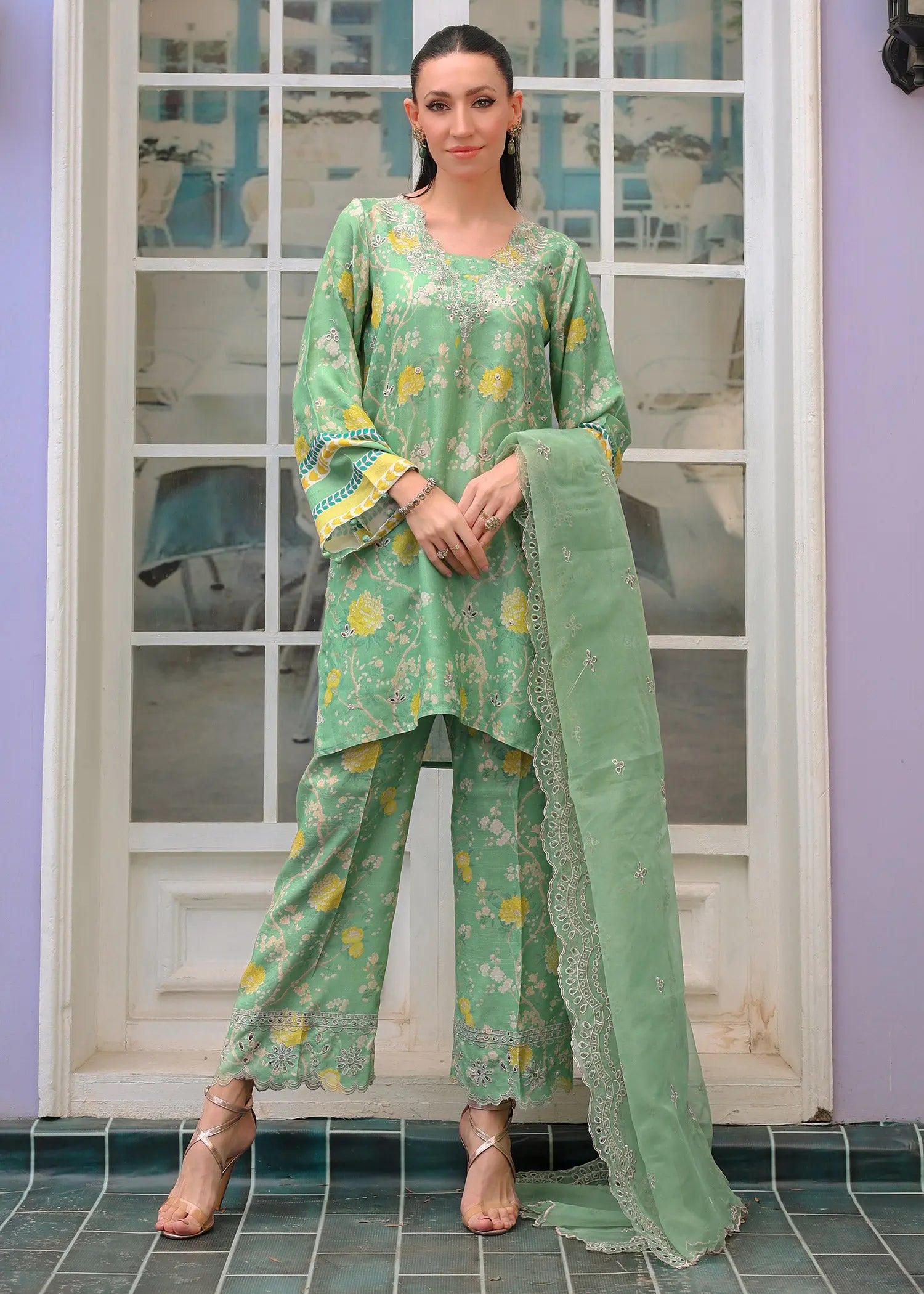 Mint Green Embroidered Raw Silk Salwar Kameez (3-Piece) - Image 5