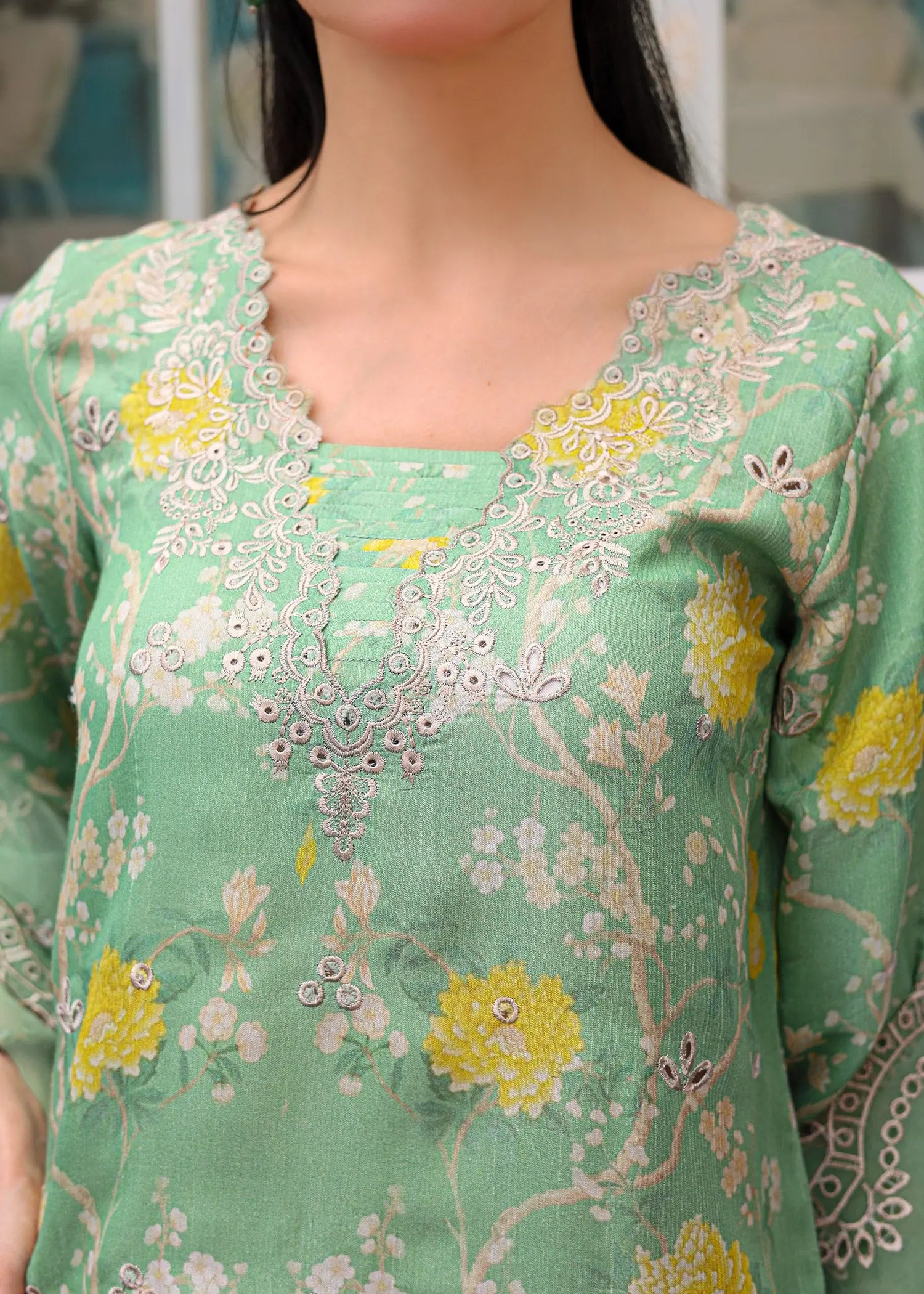 Mint Green Embroidered Raw Silk Salwar Kameez (3-Piece) - Image 6