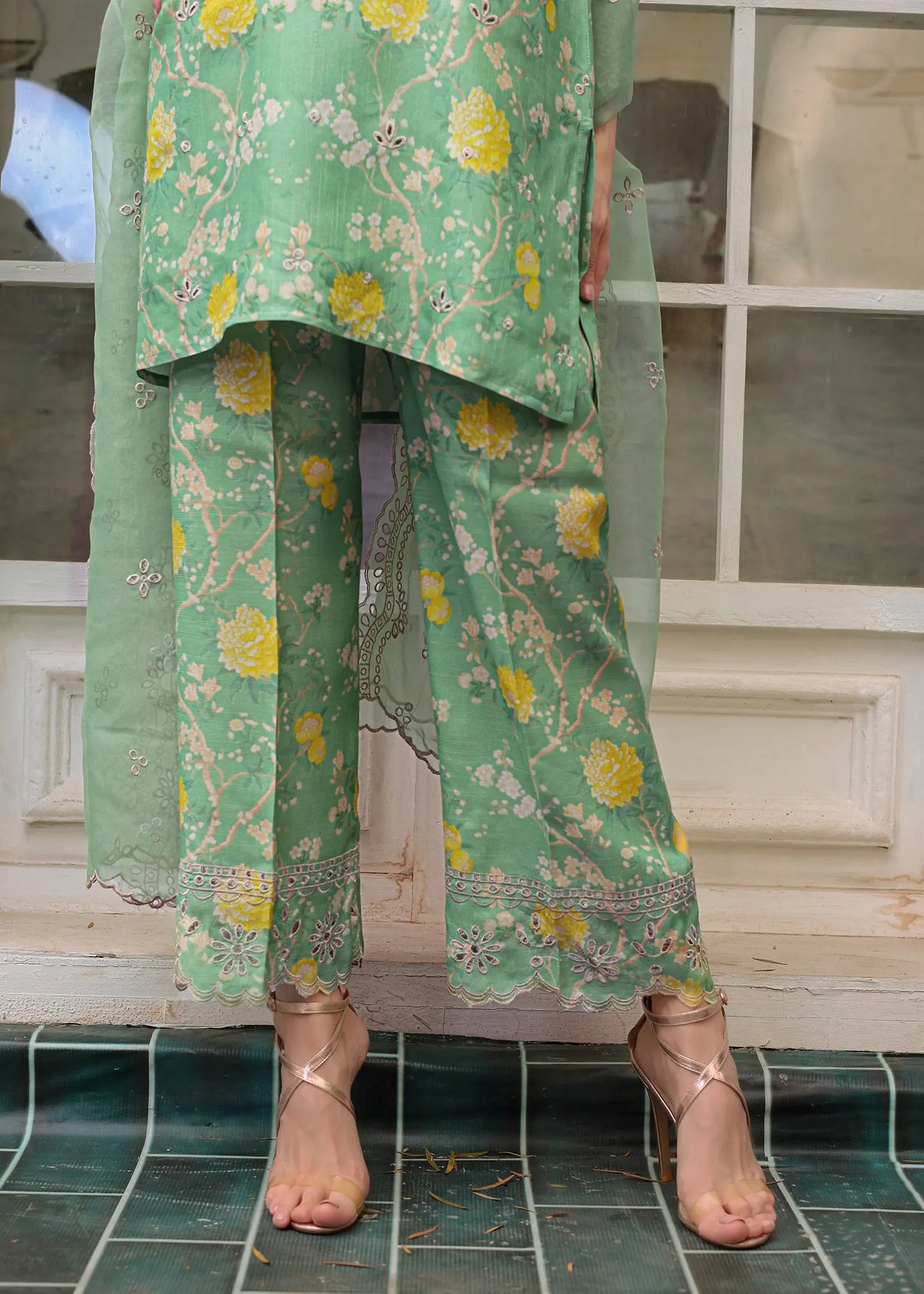 Mint Green Embroidered Raw Silk Salwar Kameez (3-Piece) - Image 8