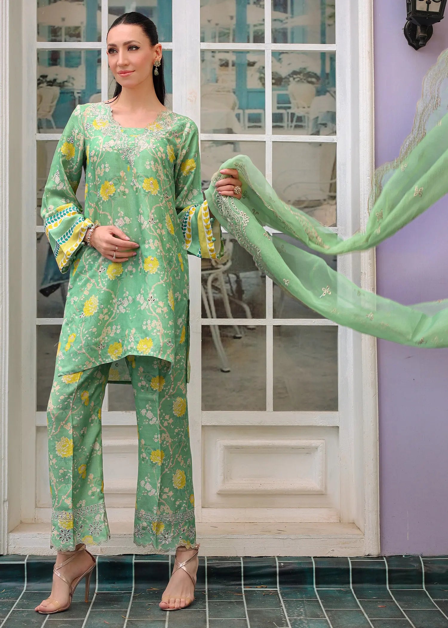 Mint Green Embroidered Raw Silk Salwar Kameez (3-Piece) - Image 9
