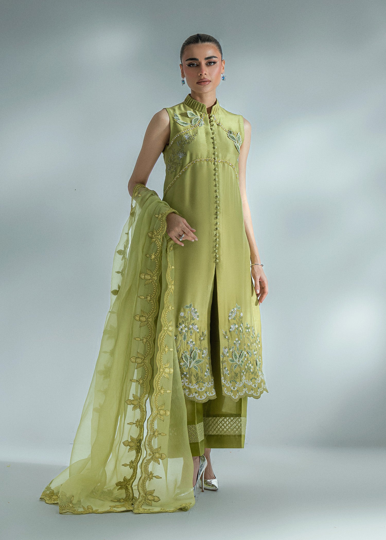 Dhaani Green Embroidered Pure Silk Salwar Kameez (3-Piece) - Image 1