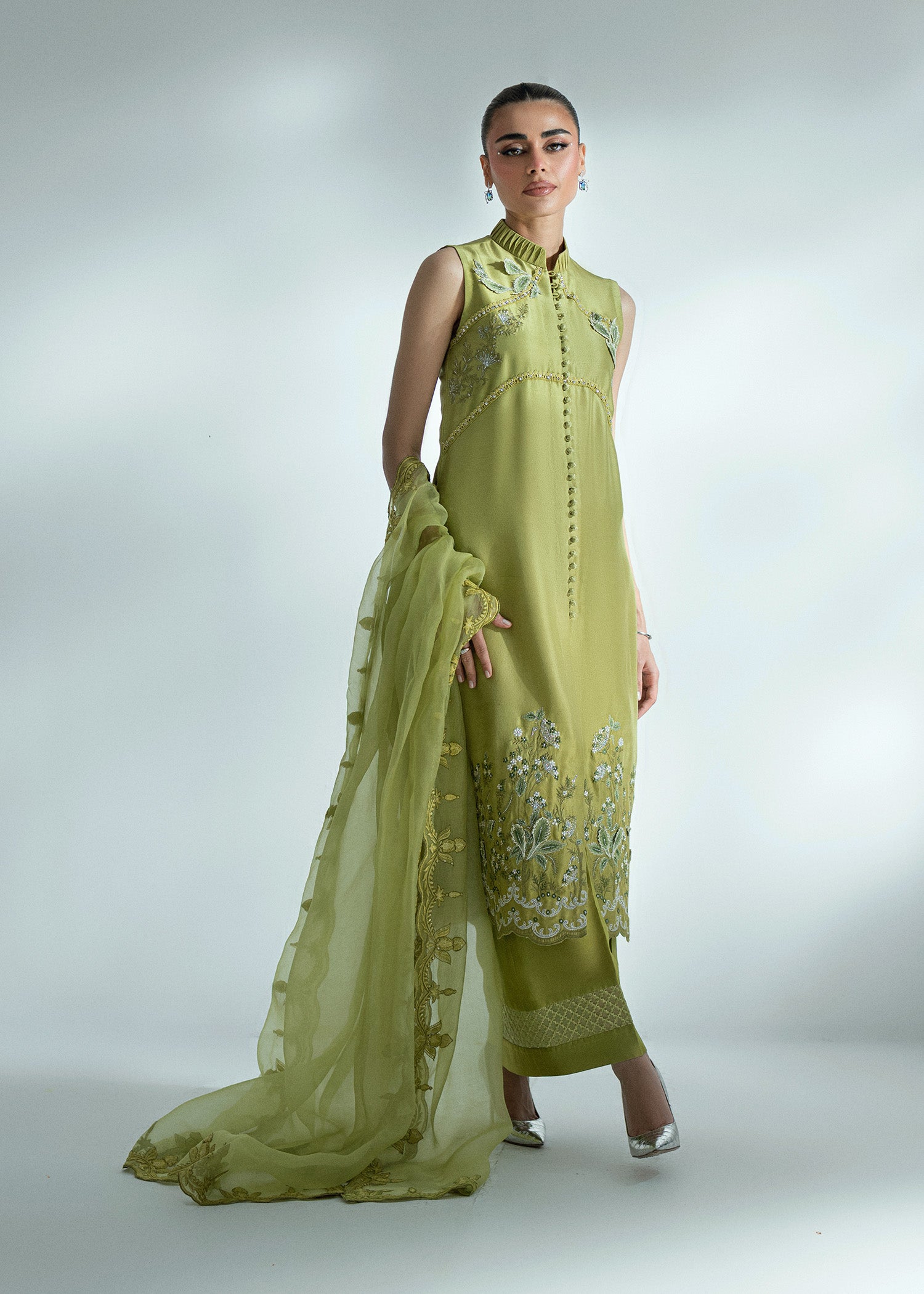 Dhaani Green Embroidered Pure Silk Salwar Kameez (3-Piece) - Image 2