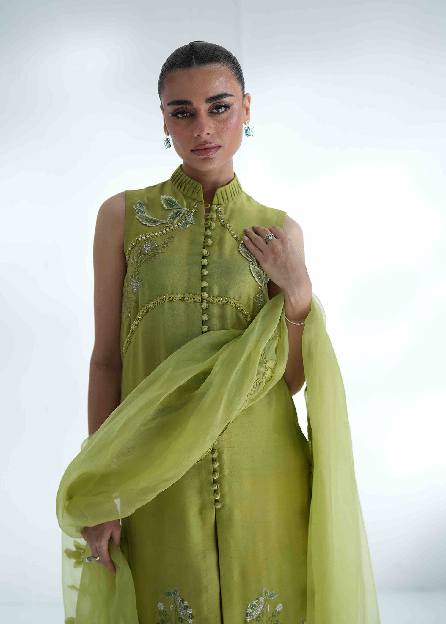 Dhaani Green Embroidered Pure Silk Salwar Kameez (3-Piece) - Image 5