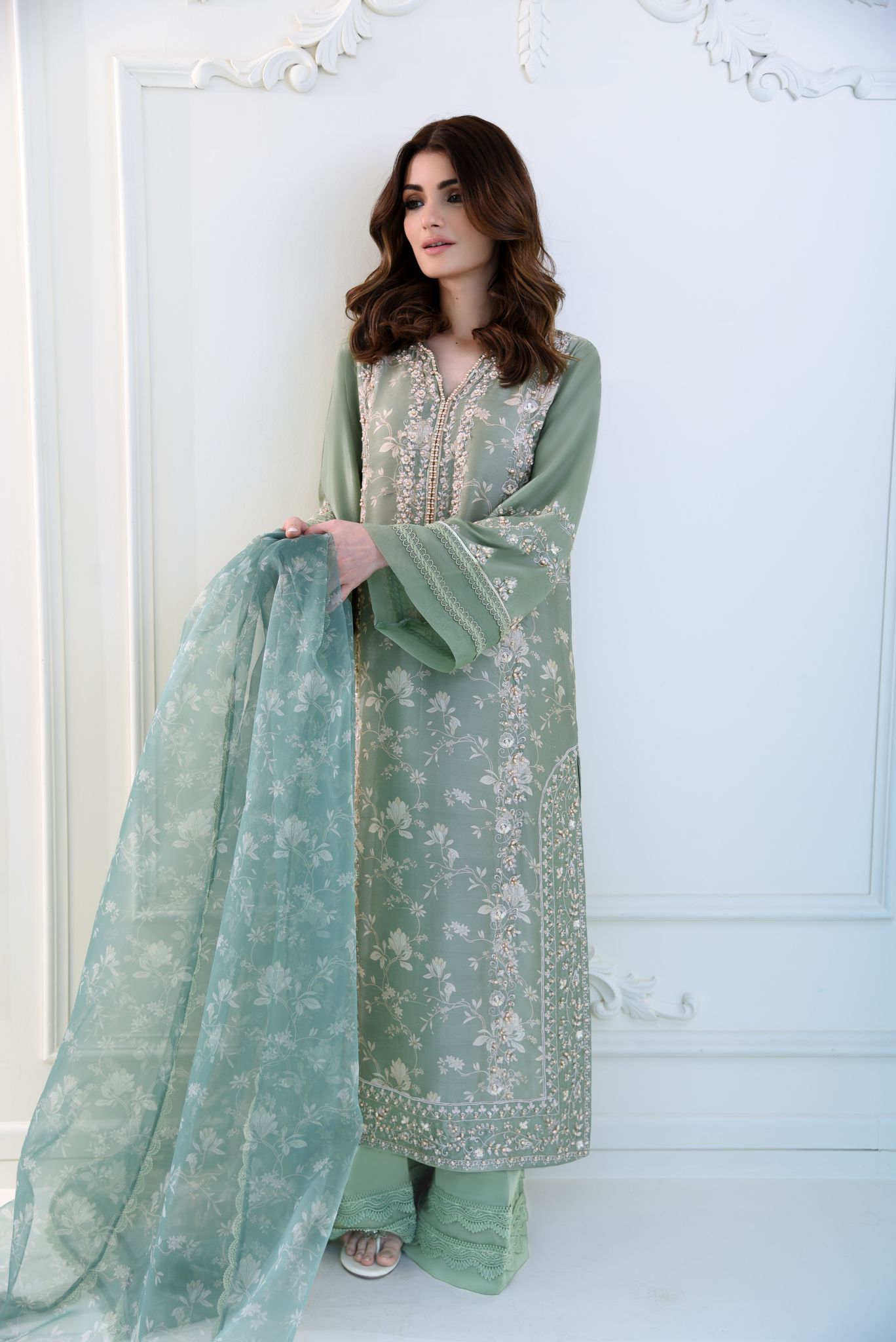 Pakistani Sage Green Embroidered Raw Silk Salwar Kameez (3-Piece) - Image 1
