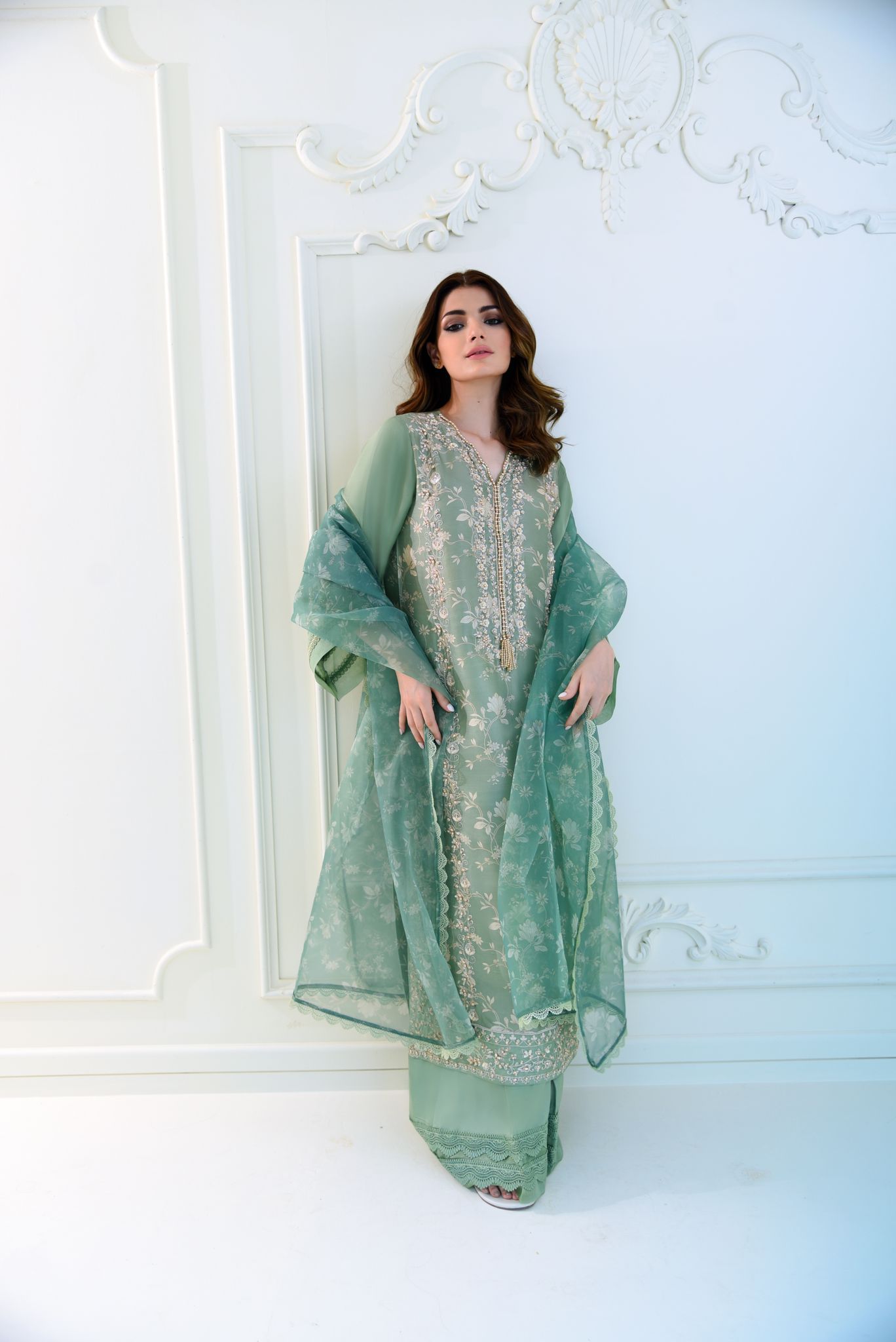 Pakistani Sage Green Embroidered Raw Silk Salwar Kameez (3-Piece) - Image 2