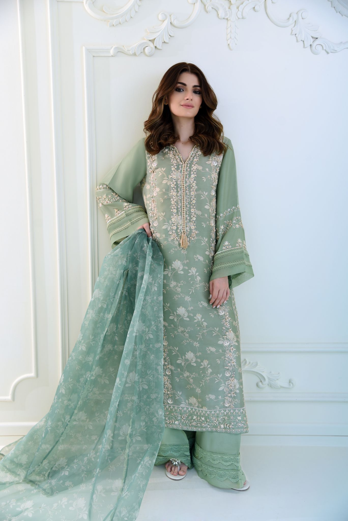 Pakistani Sage Green Embroidered Raw Silk Salwar Kameez (3-Piece) - Image 3