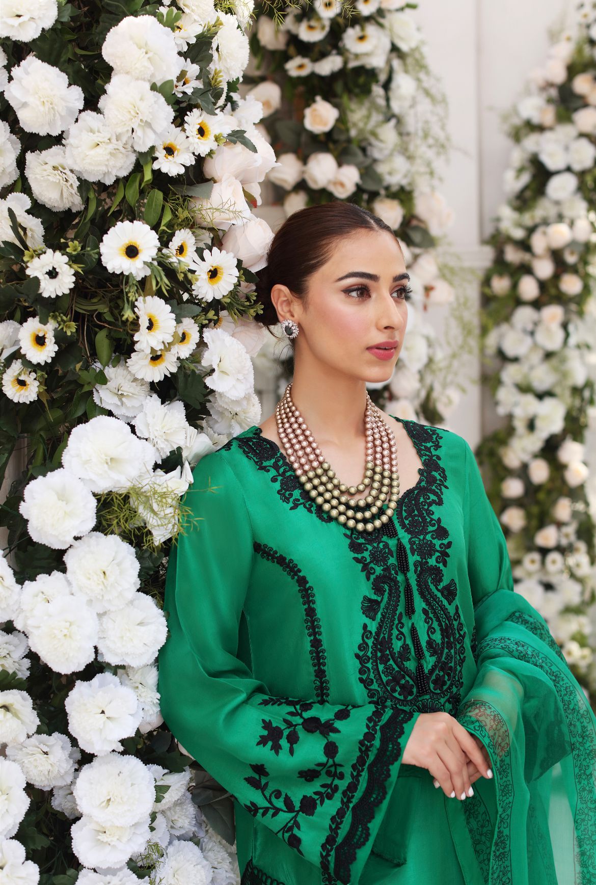 Pakistani Emerald Green Embroidered Raw Silk 3-Piece Suit - Image 1