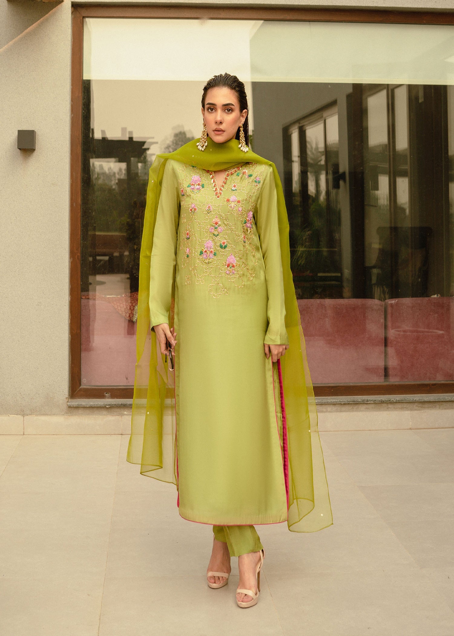 Pakistani Apple Green Embroidered Raw Silk Kurta Set (3-Piece) - Image 1