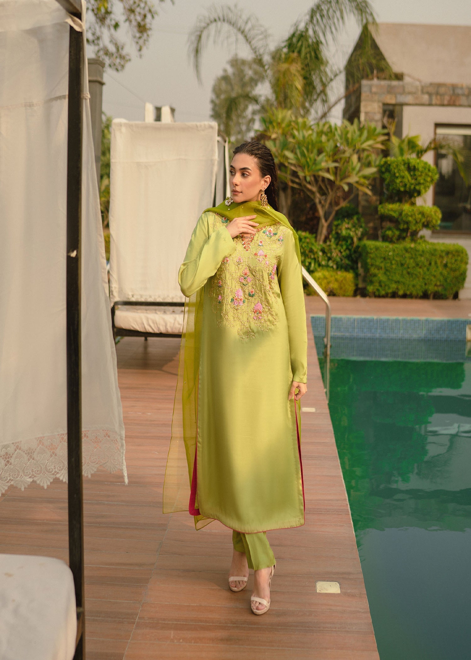 Pakistani Apple Green Embroidered Raw Silk Kurta Set (3-Piece) - Image 2