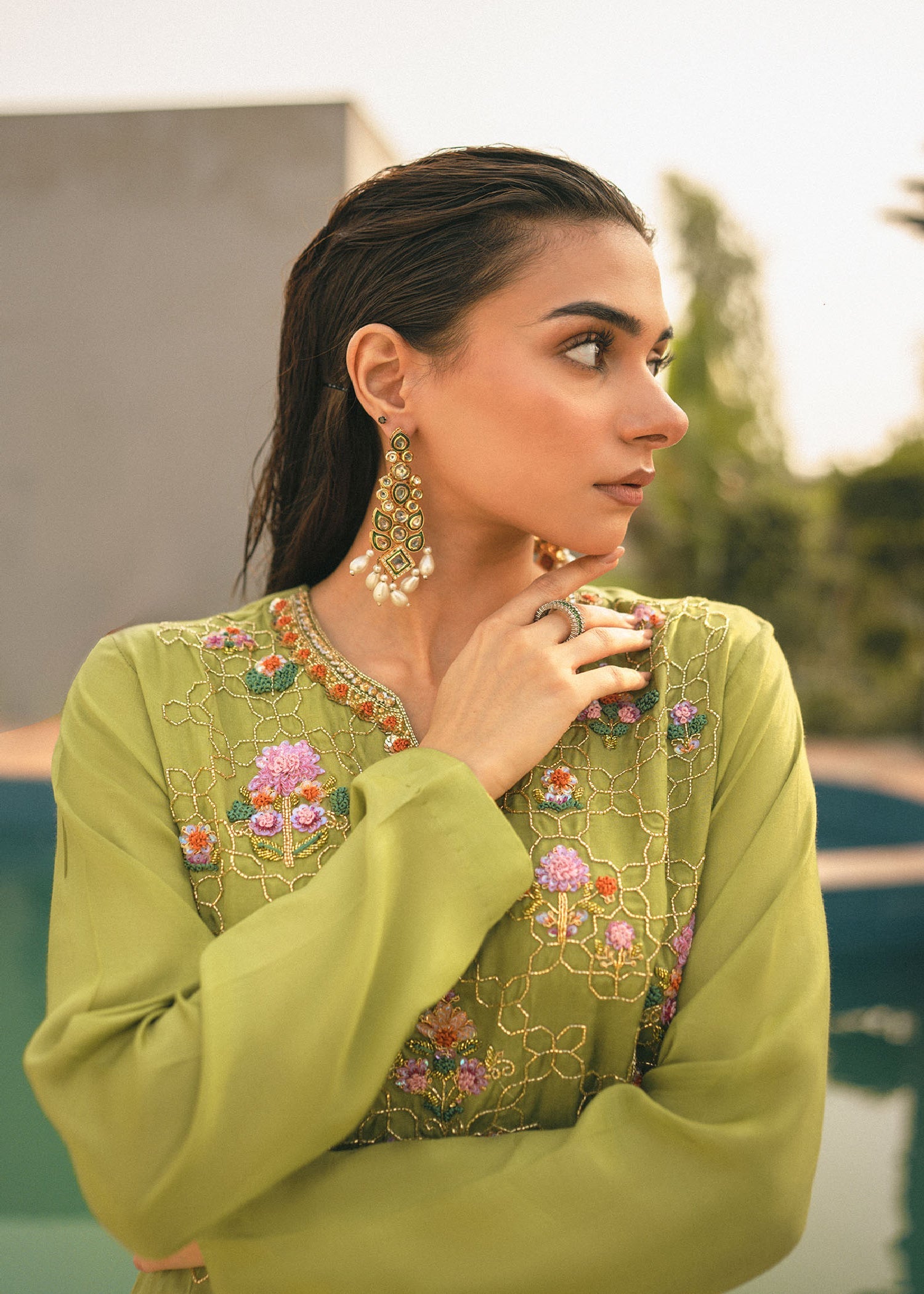 Pakistani Apple Green Embroidered Raw Silk Kurta Set (3-Piece) - Image 3