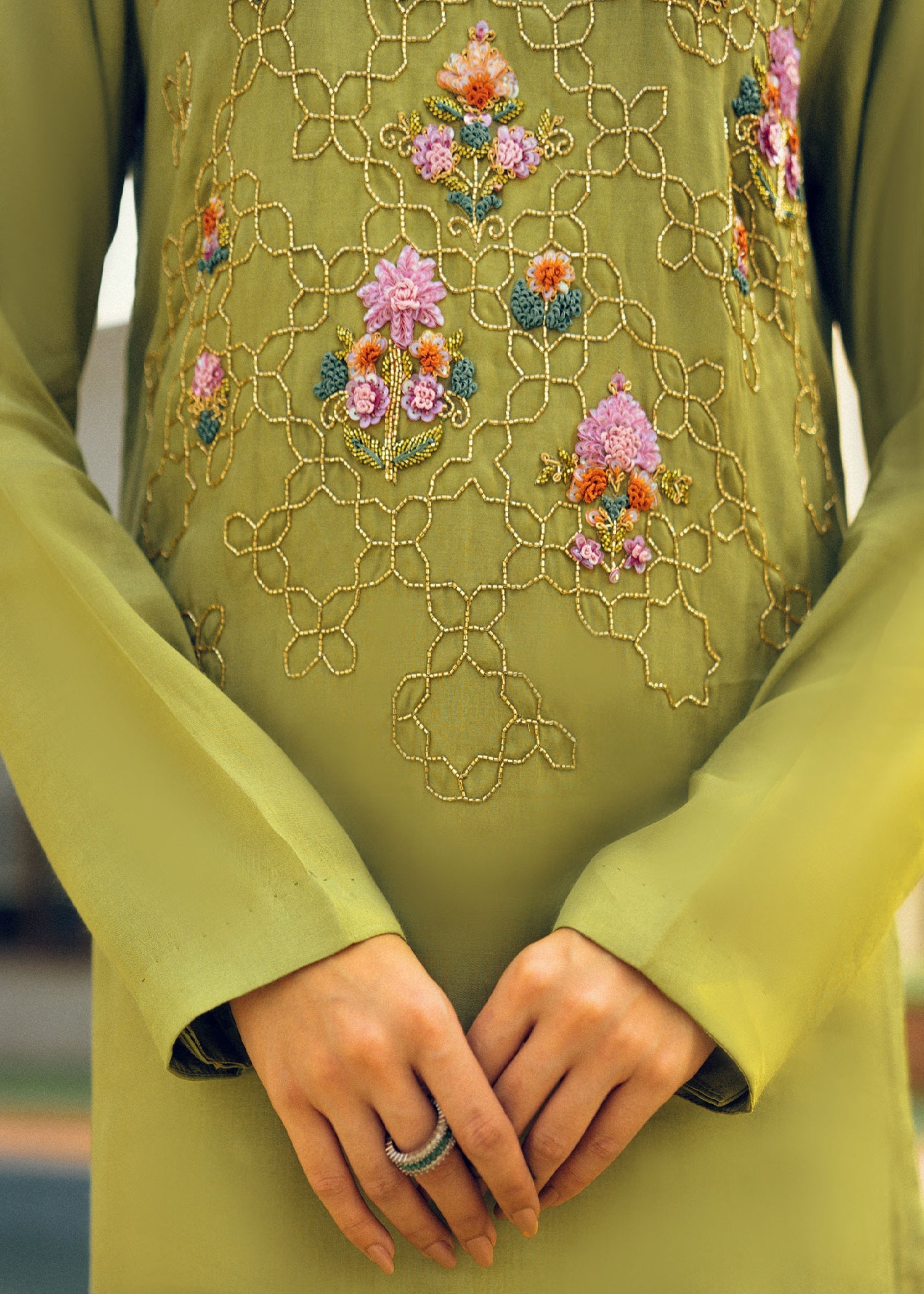 Pakistani Apple Green Embroidered Raw Silk Kurta Set (3-Piece) - Image 4