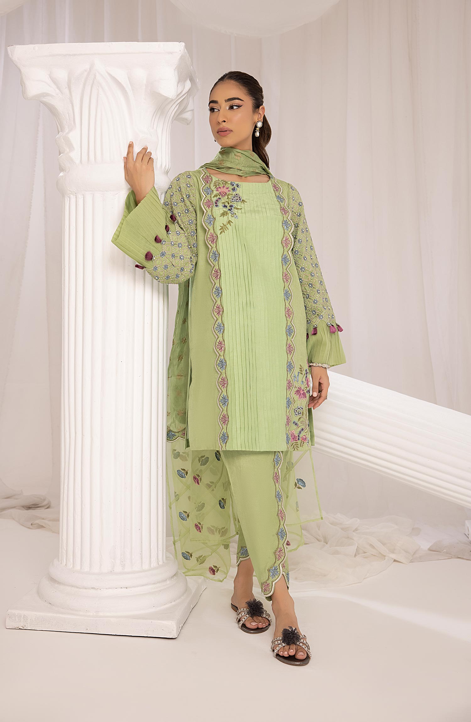 Pistachio Green Embroidered Raw Silk Salwar Kameez (3-Piece) - Image 1