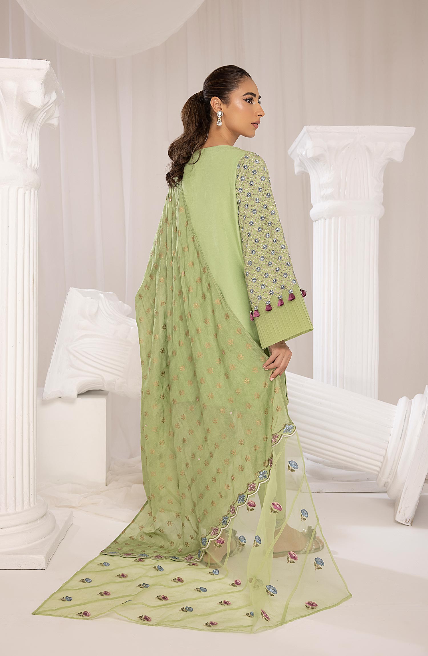 Pistachio Green Embroidered Raw Silk Salwar Kameez (3-Piece) - Image 2