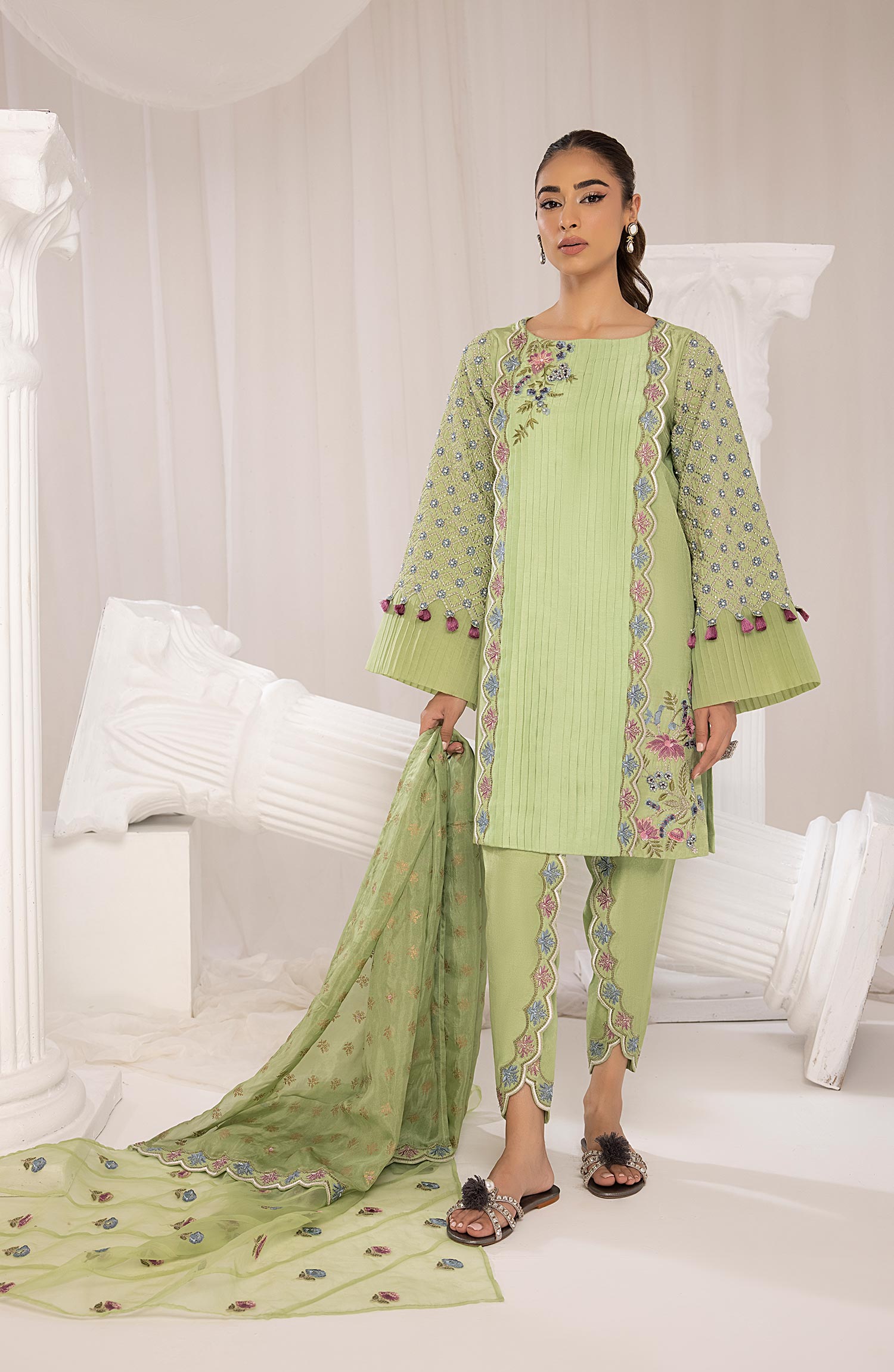 Pistachio Green Embroidered Raw Silk Salwar Kameez (3-Piece) - Image 3