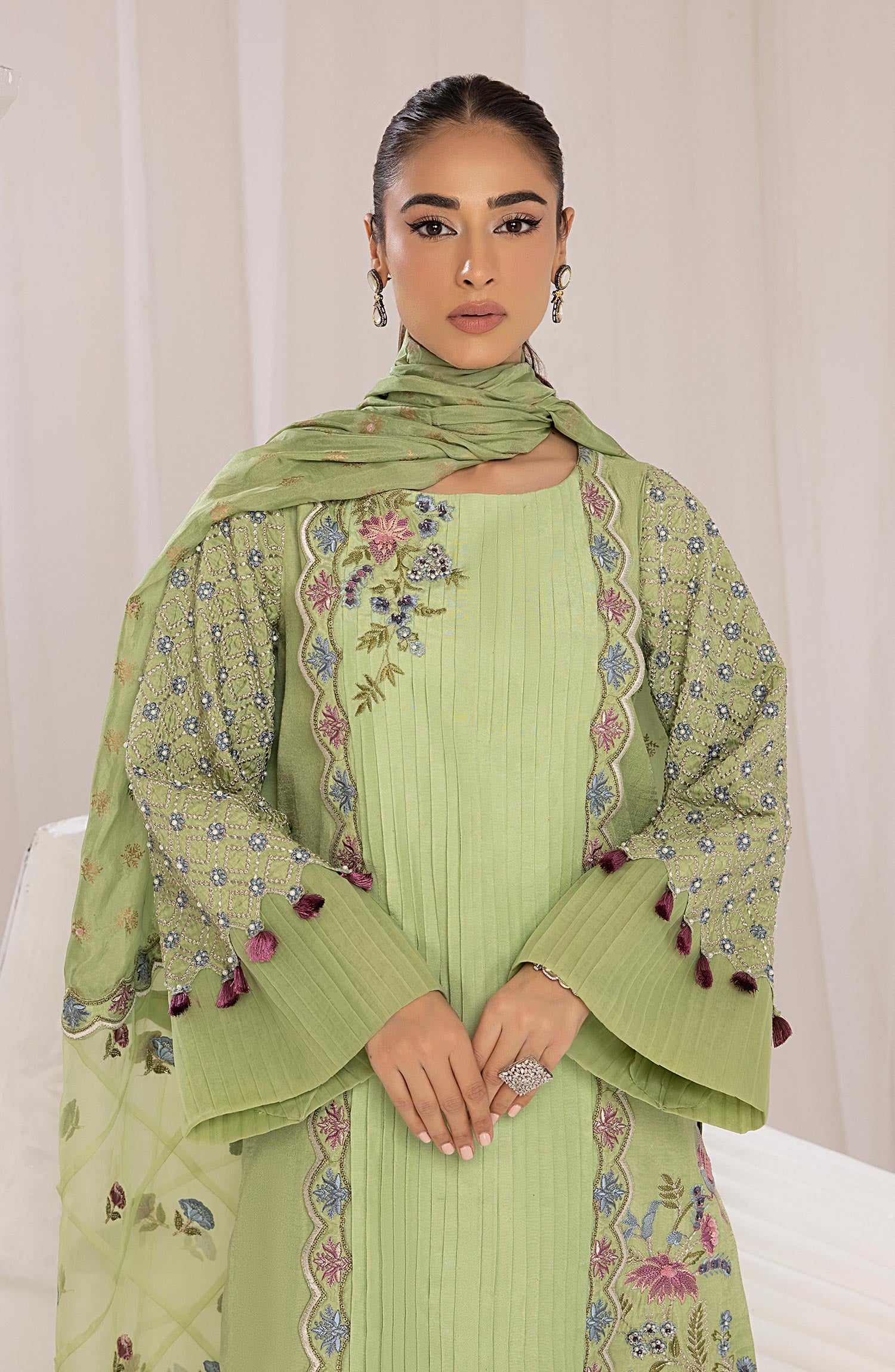 Pistachio Green Embroidered Raw Silk Salwar Kameez (3-Piece) - Image 4