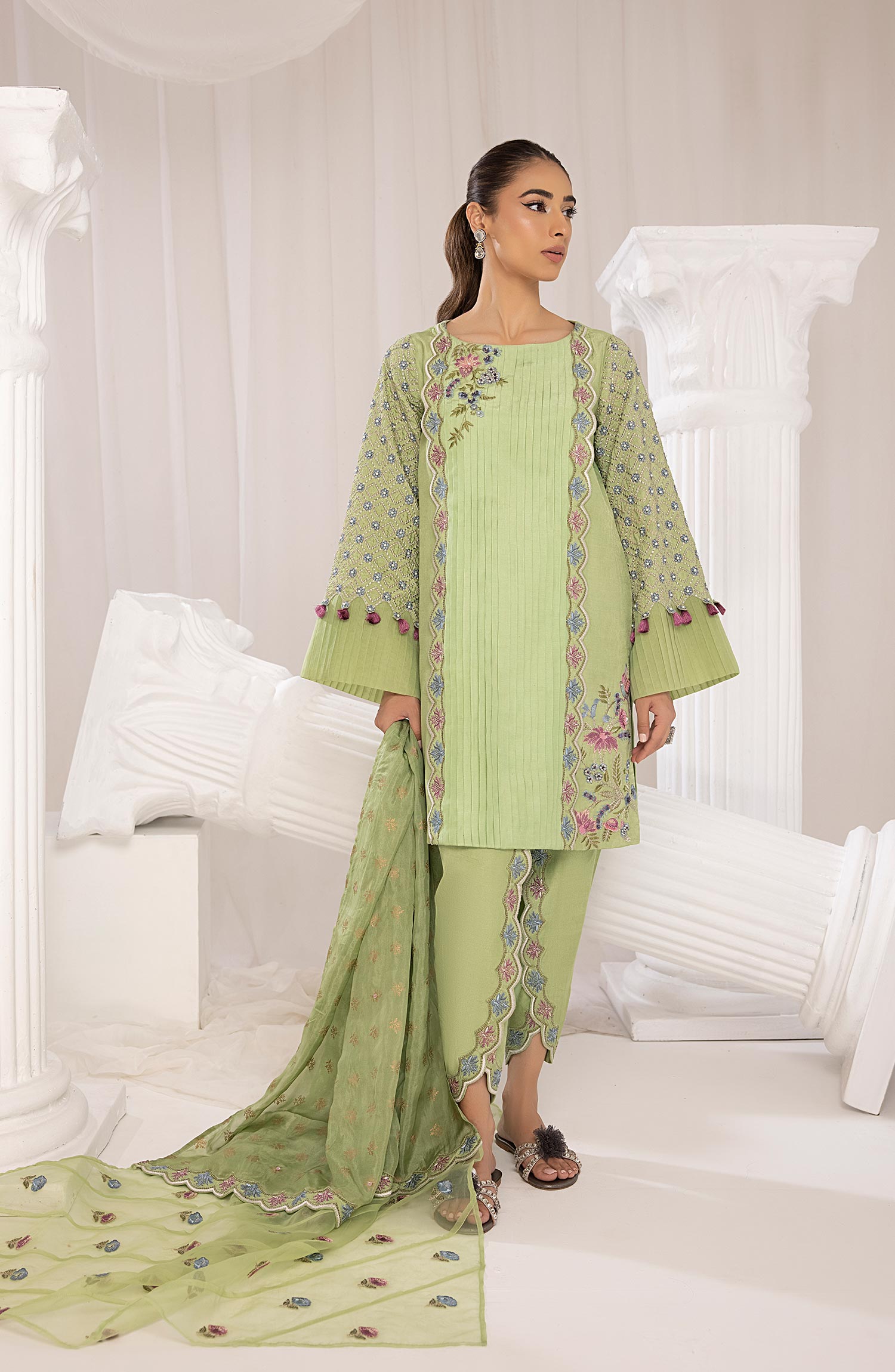 Pistachio Green Embroidered Raw Silk Salwar Kameez (3-Piece) - Image 5