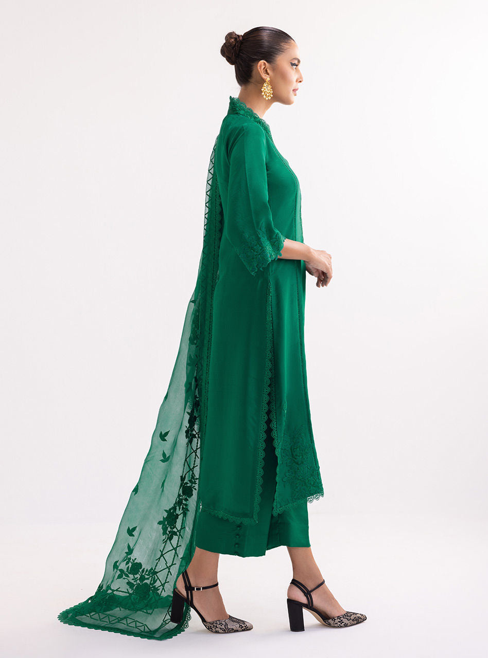 Pakistani Emerald Green Embroidered Raw Silk Kurta Set (3-Piece) - Image 4