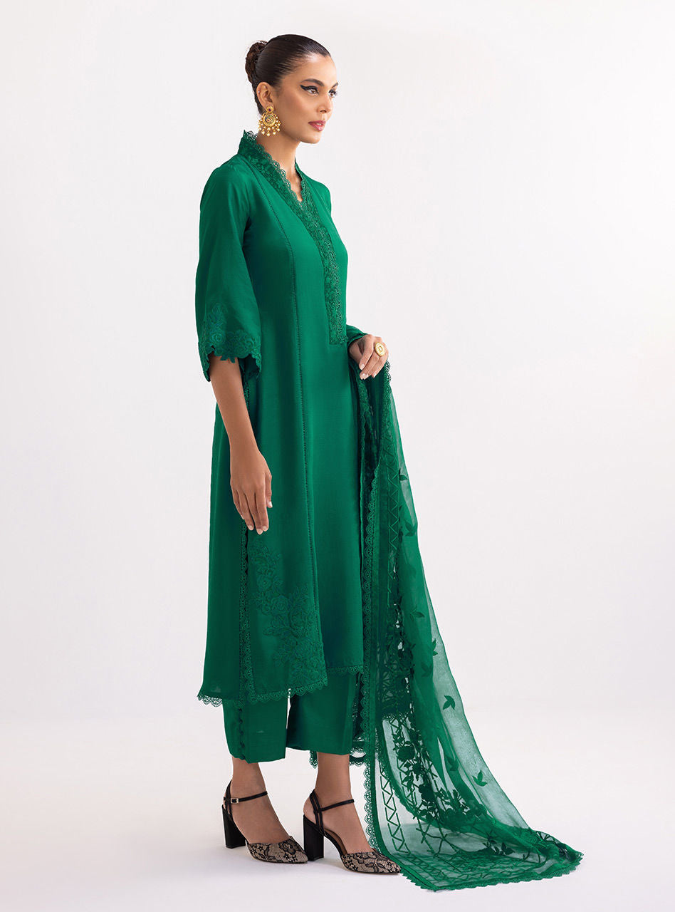 Pakistani Emerald Green Embroidered Raw Silk Kurta Set (3-Piece) - Image 6