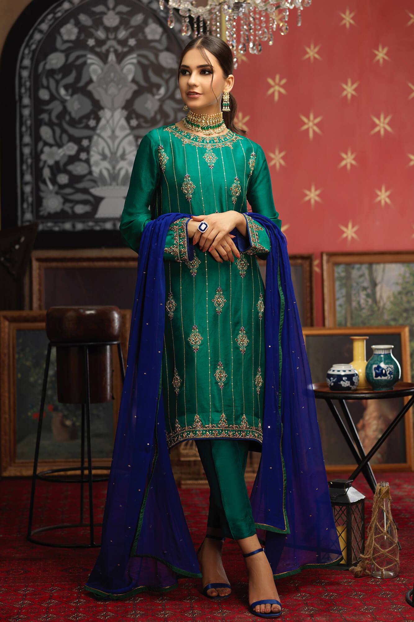 Pakistani Emerald Green Zardozi PK Raw Silk Salwar Kameez (3-Piece) - Image 3
