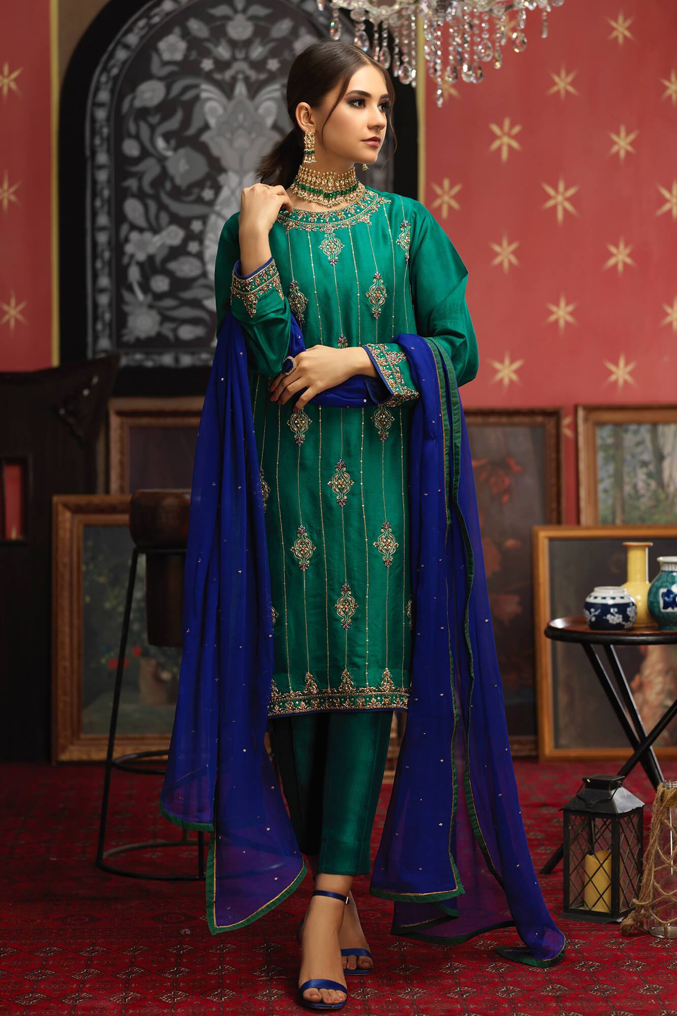 Pakistani Emerald Green Zardozi PK Raw Silk Salwar Kameez (3-Piece) - Image 4