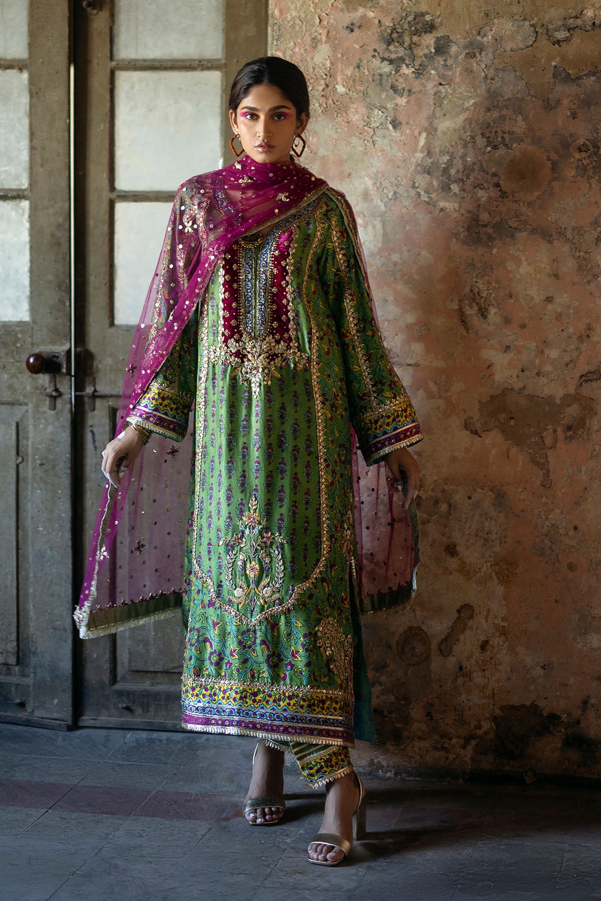 Pakistani Green Block-Printed Raw Silk Salwar Kameez (3-Piece) - Image 3