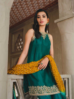 Emerald Green Zardozi Raw Silk Kurta Set (3-Piece) - Image 1