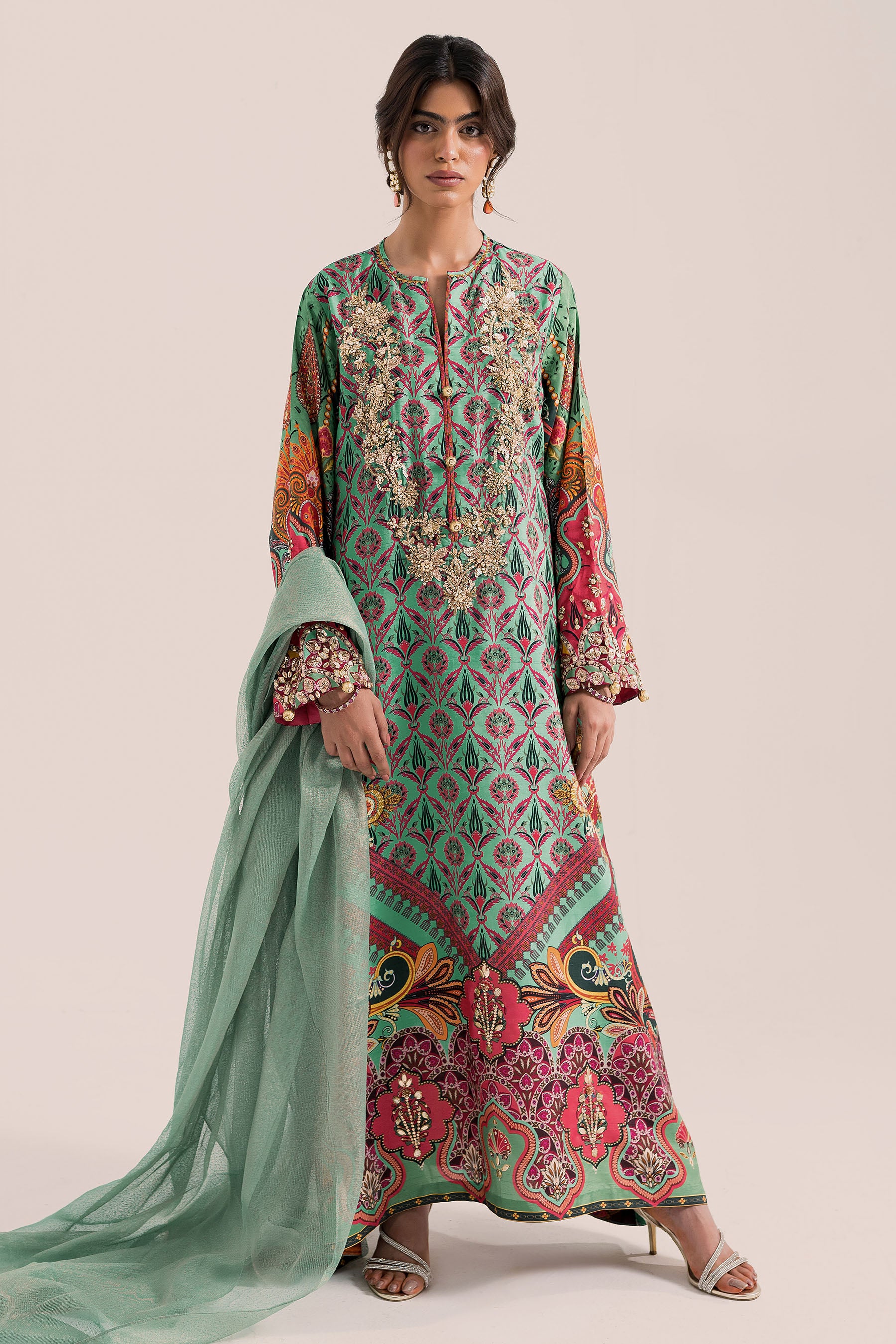 Green Multi-Colour Zardozi Korean Raw Silk Salwar Kameez (2-Piece) - Image 3