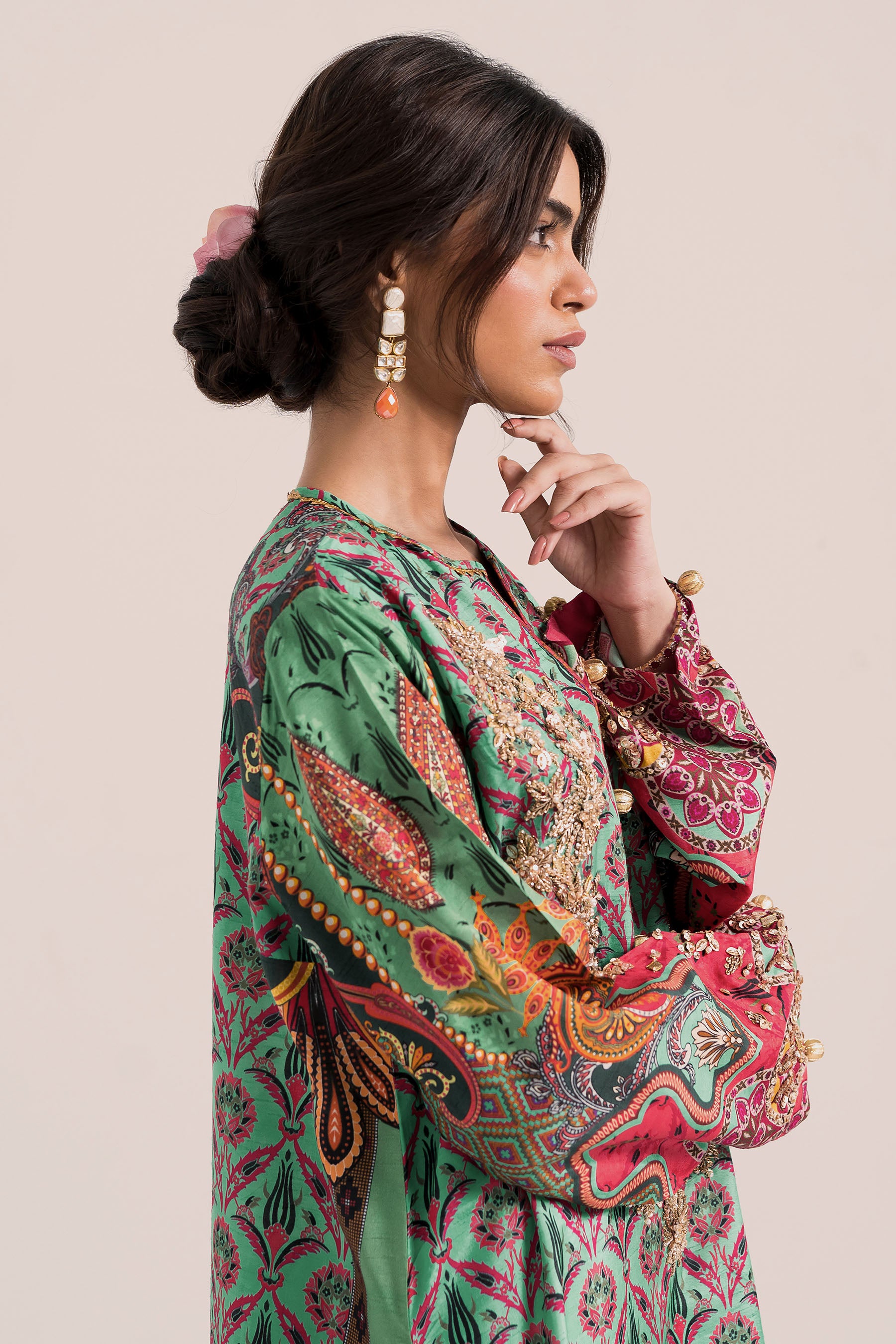 Green Multi-Colour Zardozi Korean Raw Silk Salwar Kameez (2-Piece) - Image 5