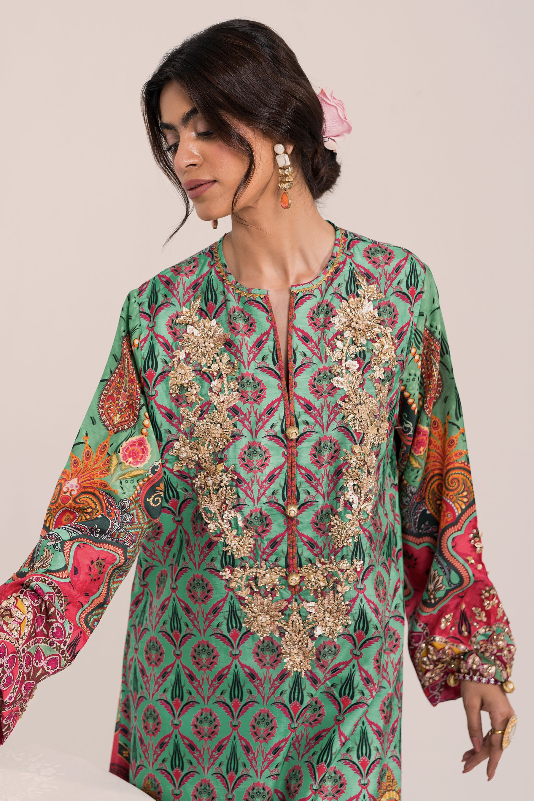 Emerald Multi-Coloured Zardozi Silk Salwar Kameez (2-Piece) - Image 2