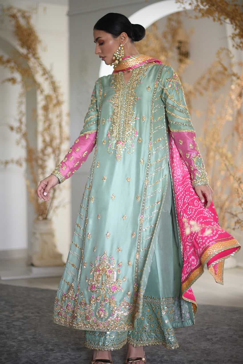 Pakistani Mint Embroidered Raw Silk Salwar Kameez (3-Piece) - Image 1