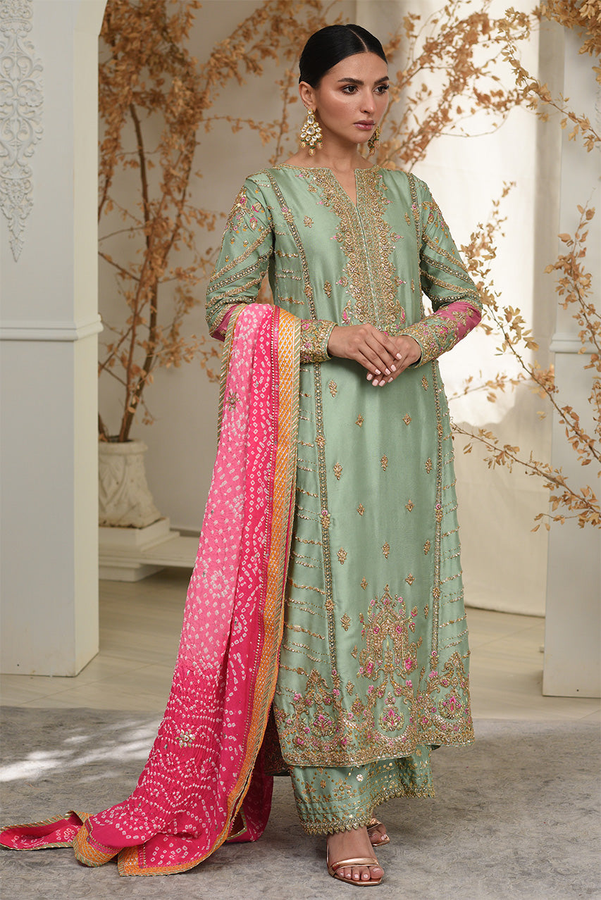 Pakistani Mint Embroidered Raw Silk Salwar Kameez (3-Piece) - Image 6