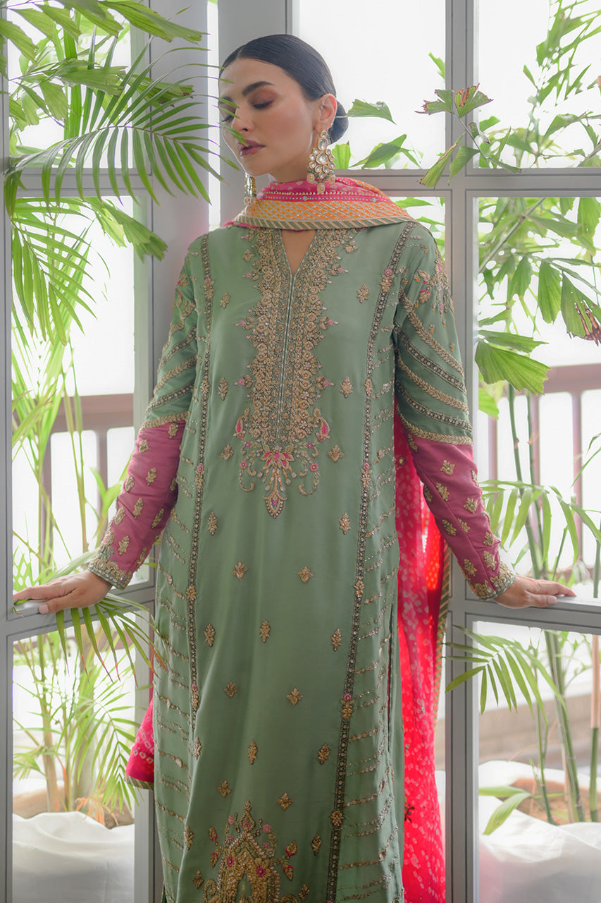 Pakistani Mint Embroidered Raw Silk Salwar Kameez (3-Piece) - Image 8
