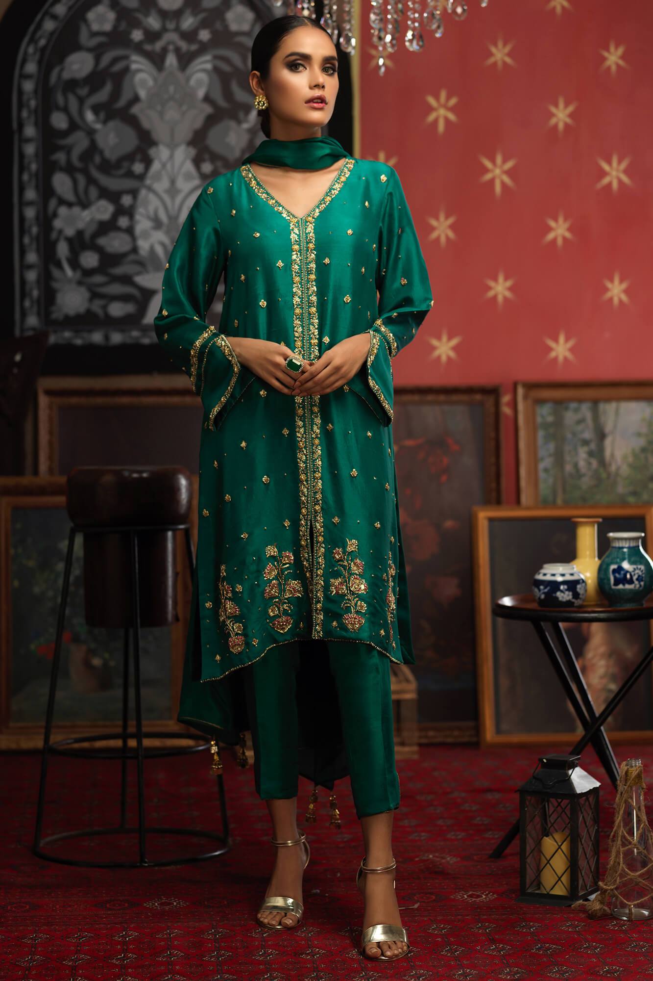 Pakistani Emerald Green Hand-Embellished PK Raw Silk Salwar Kameez (3-Piece) - Image 1