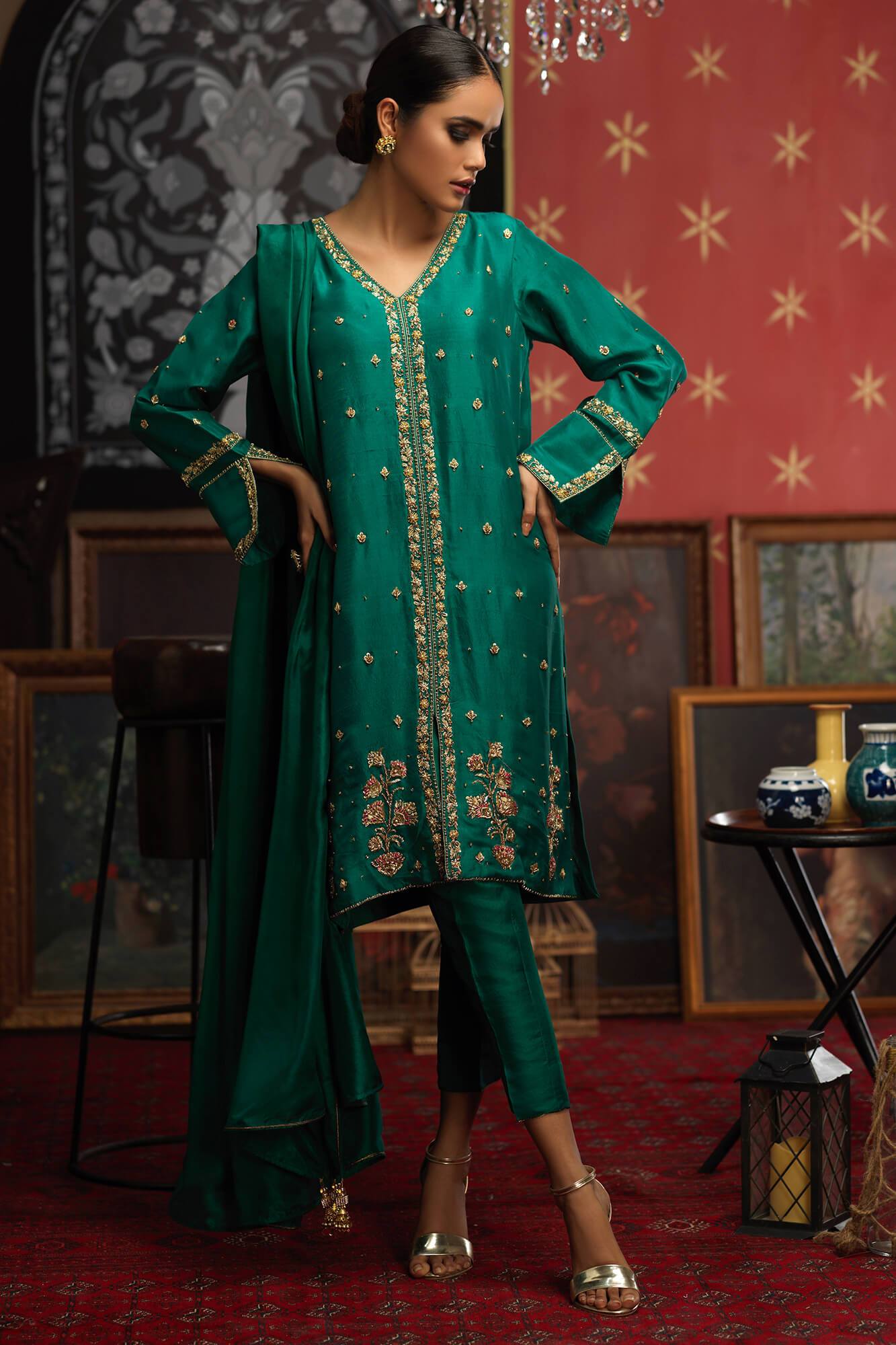 Pakistani Emerald Green Hand-Embellished PK Raw Silk Salwar Kameez (3-Piece) - Image 3
