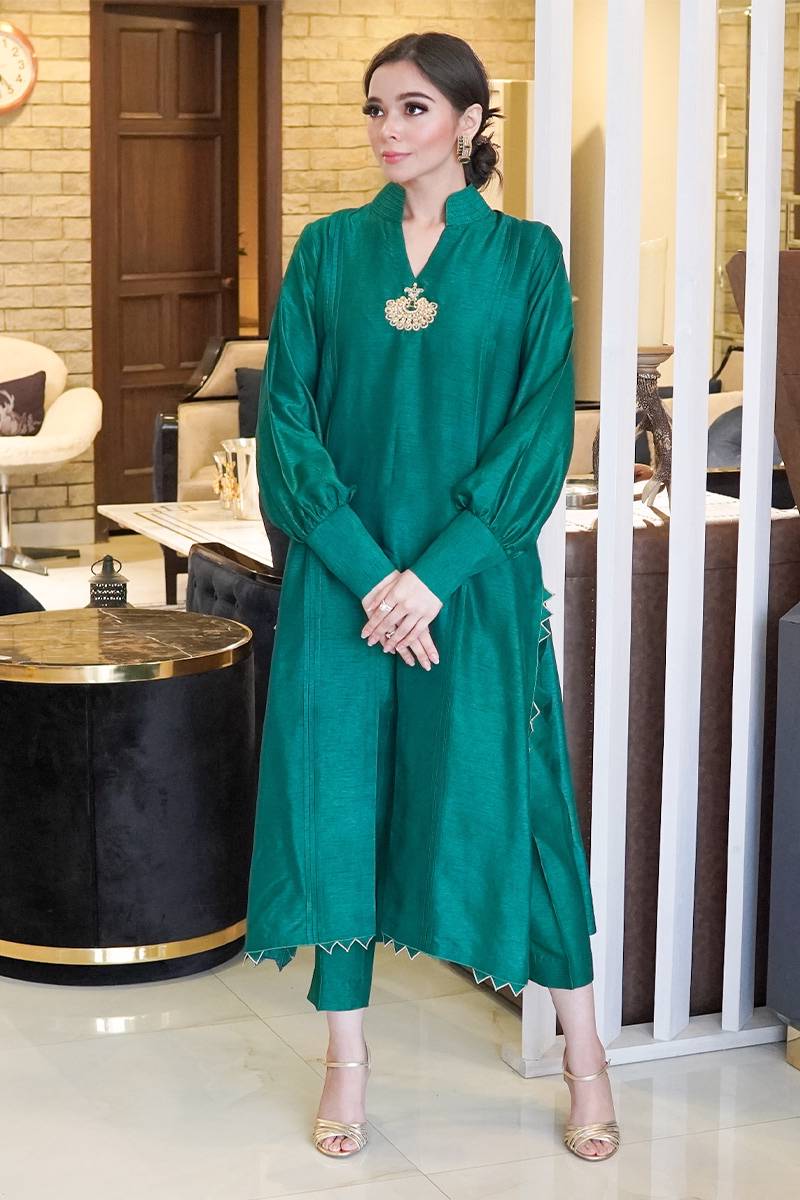 Forest Green Zari & Pearl Silk Salwar Kameez (2-Piece) - Image 1