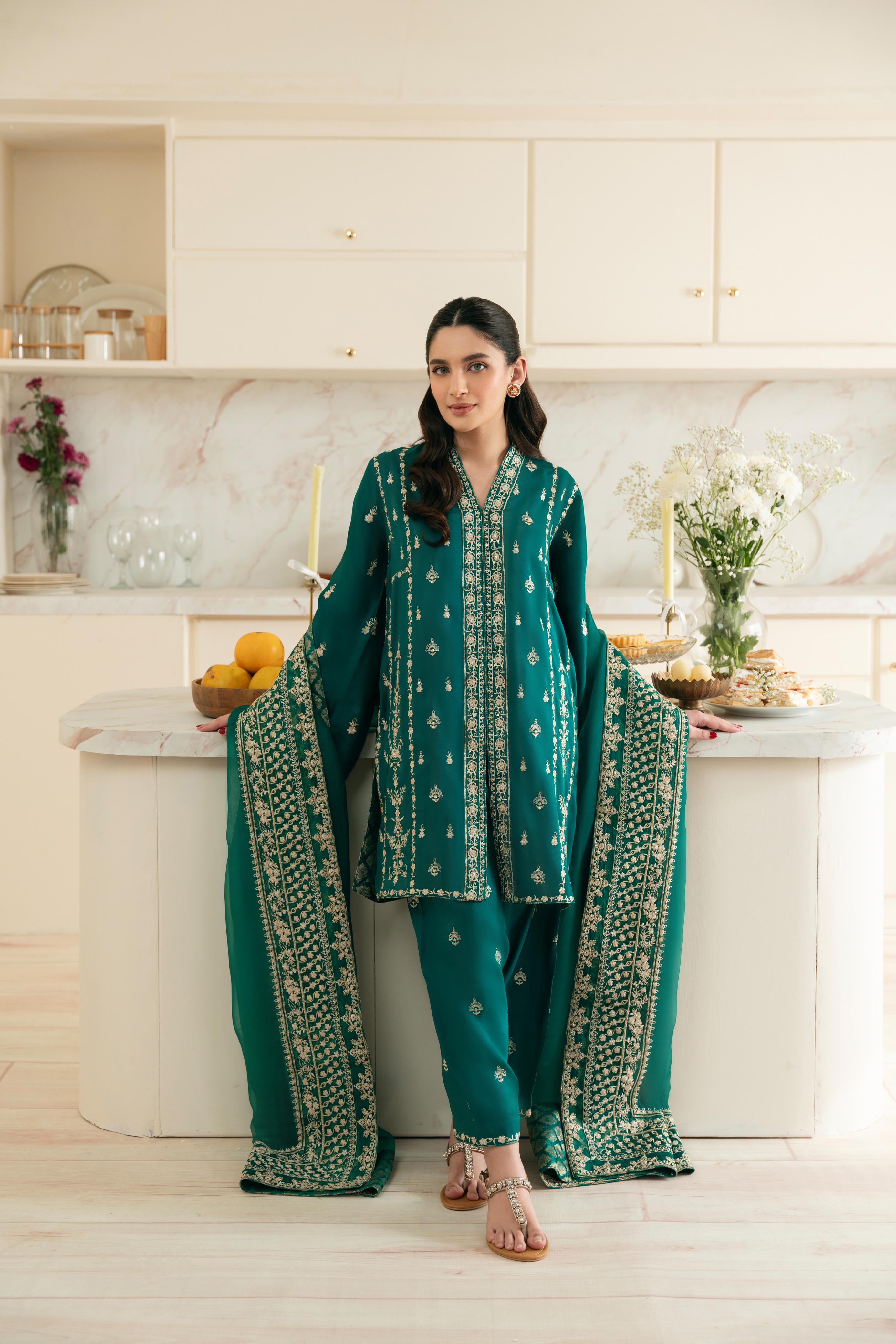 Pakistani Poison Green Embroidered Raw Silk Salwar Kameez (3-Piece) - Image 1