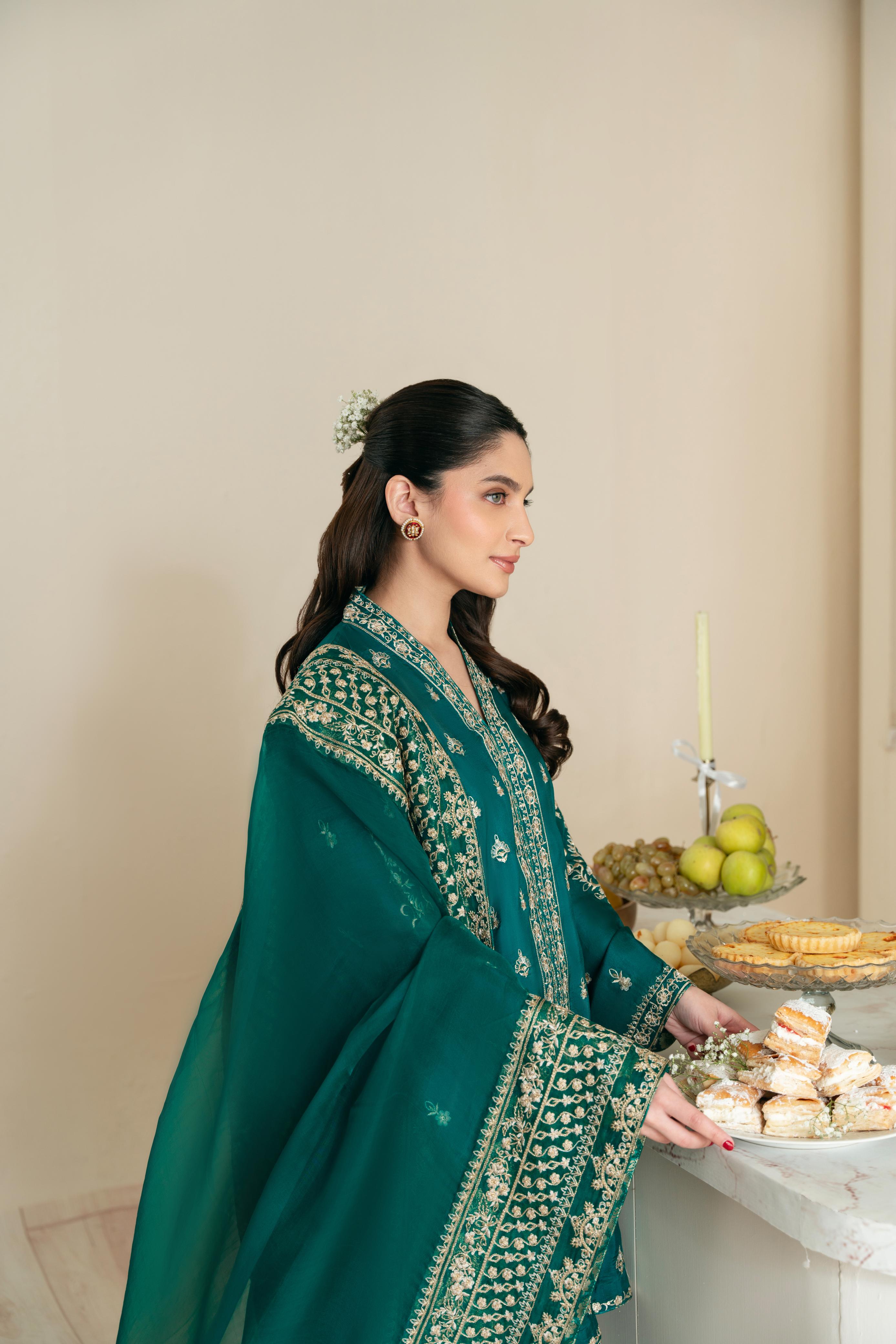 Pakistani Poison Green Embroidered Raw Silk Salwar Kameez (3-Piece) - Image 2