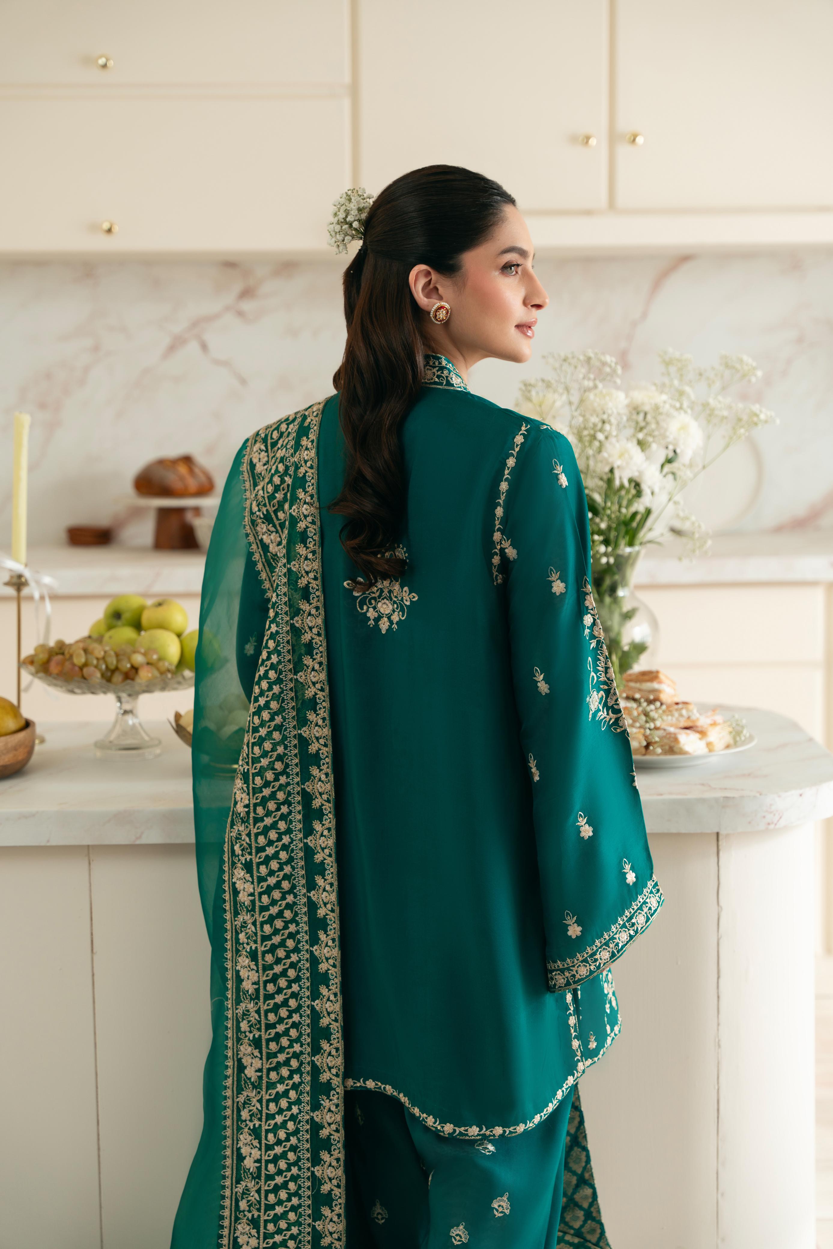 Pakistani Poison Green Embroidered Raw Silk Salwar Kameez (3-Piece) - Image 3