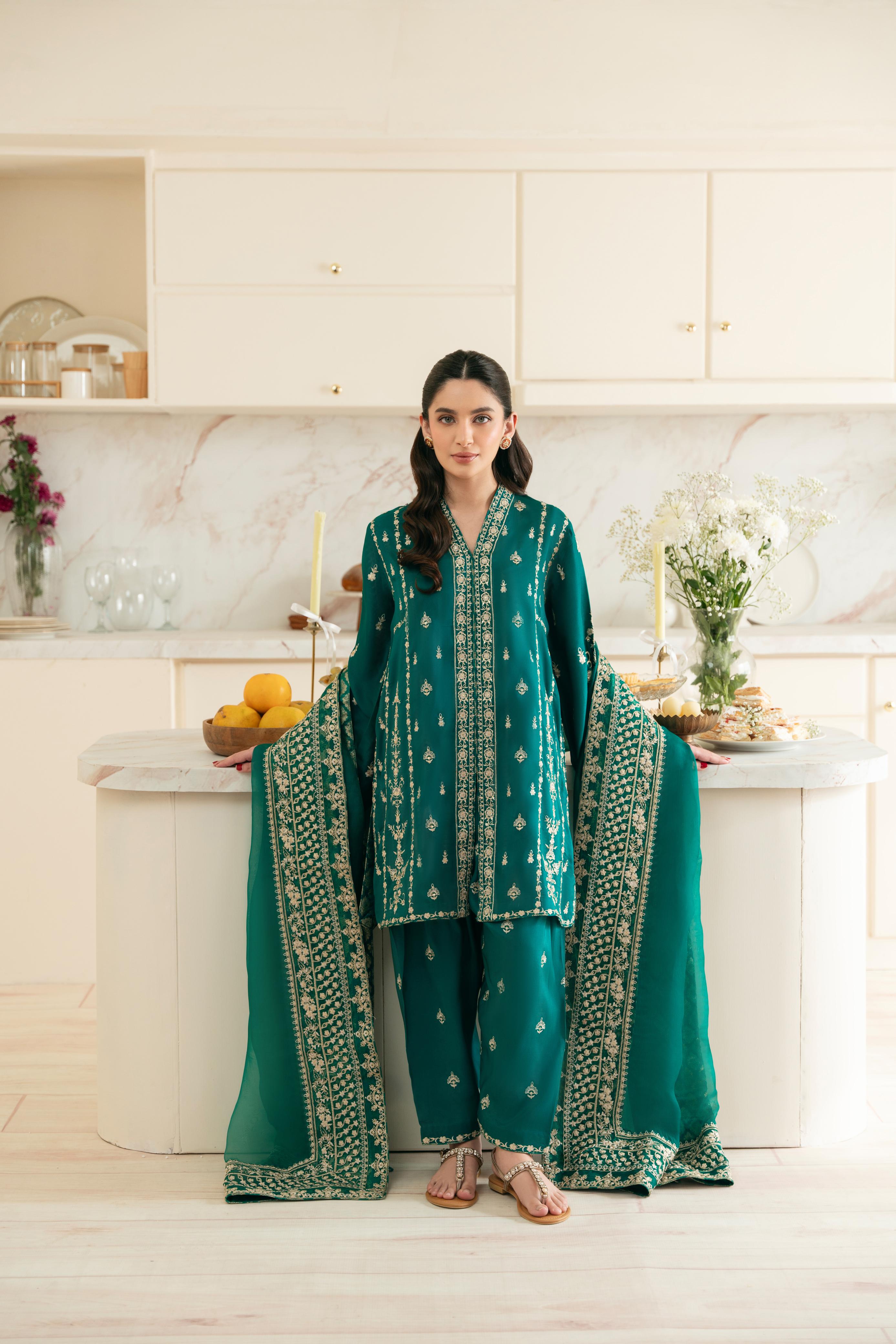 Pakistani Poison Green Embroidered Raw Silk Salwar Kameez (3-Piece) - Image 4