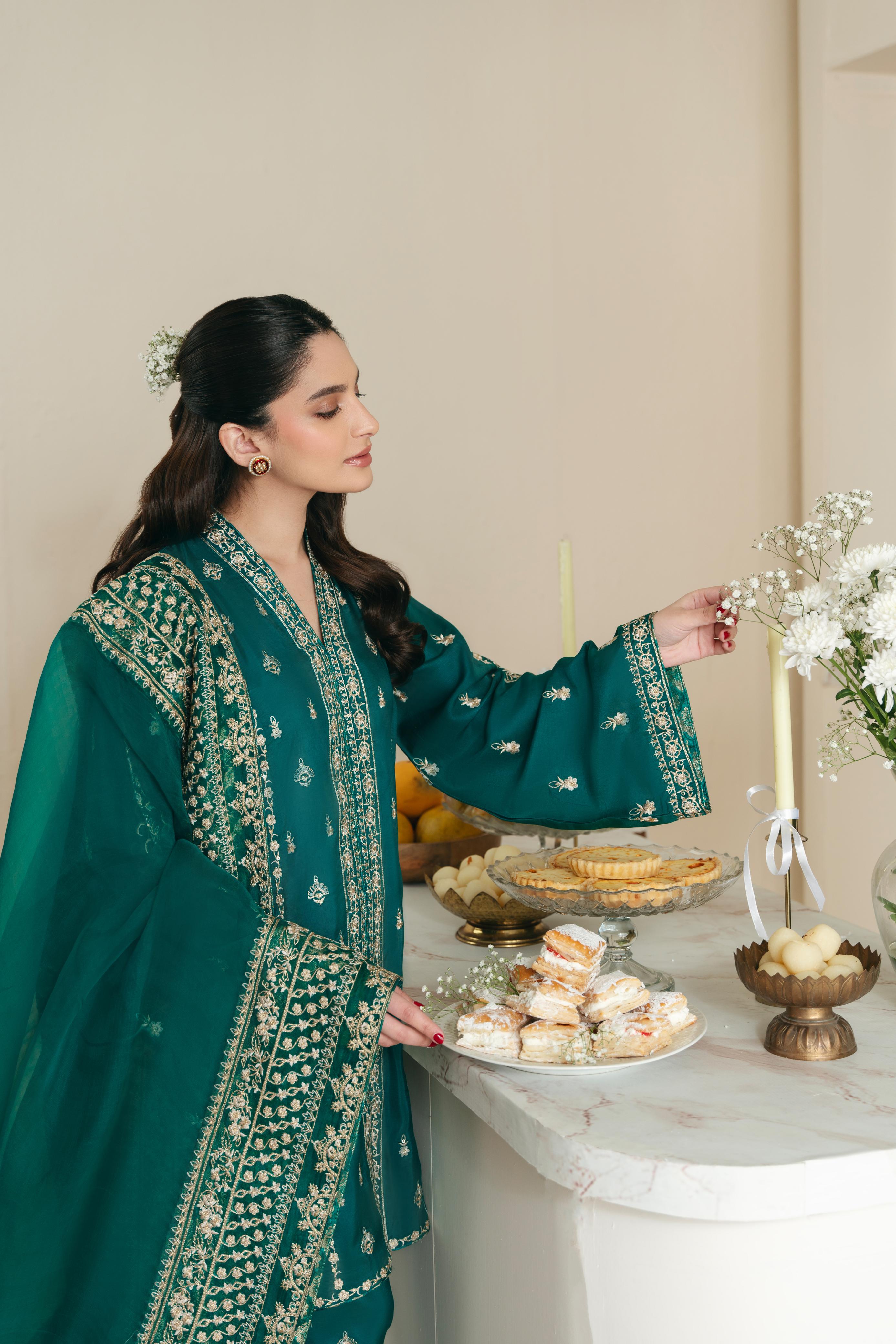 Pakistani Poison Green Embroidered Raw Silk Salwar Kameez (3-Piece) - Image 5