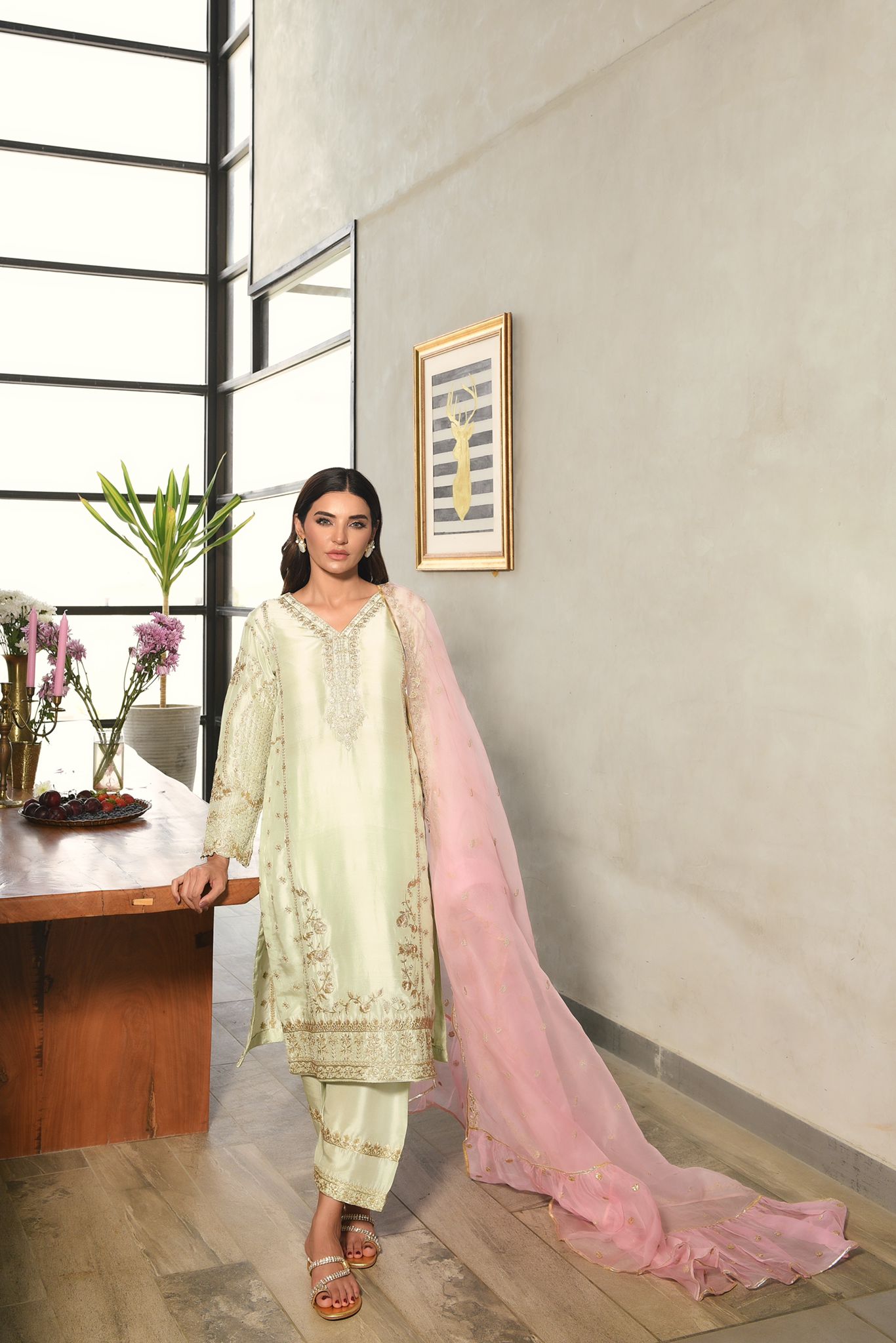 Pakistani Pastel Pistachio Zari Embroidered Raw Silk Salwar Kameez (3-Piece) - Image 1