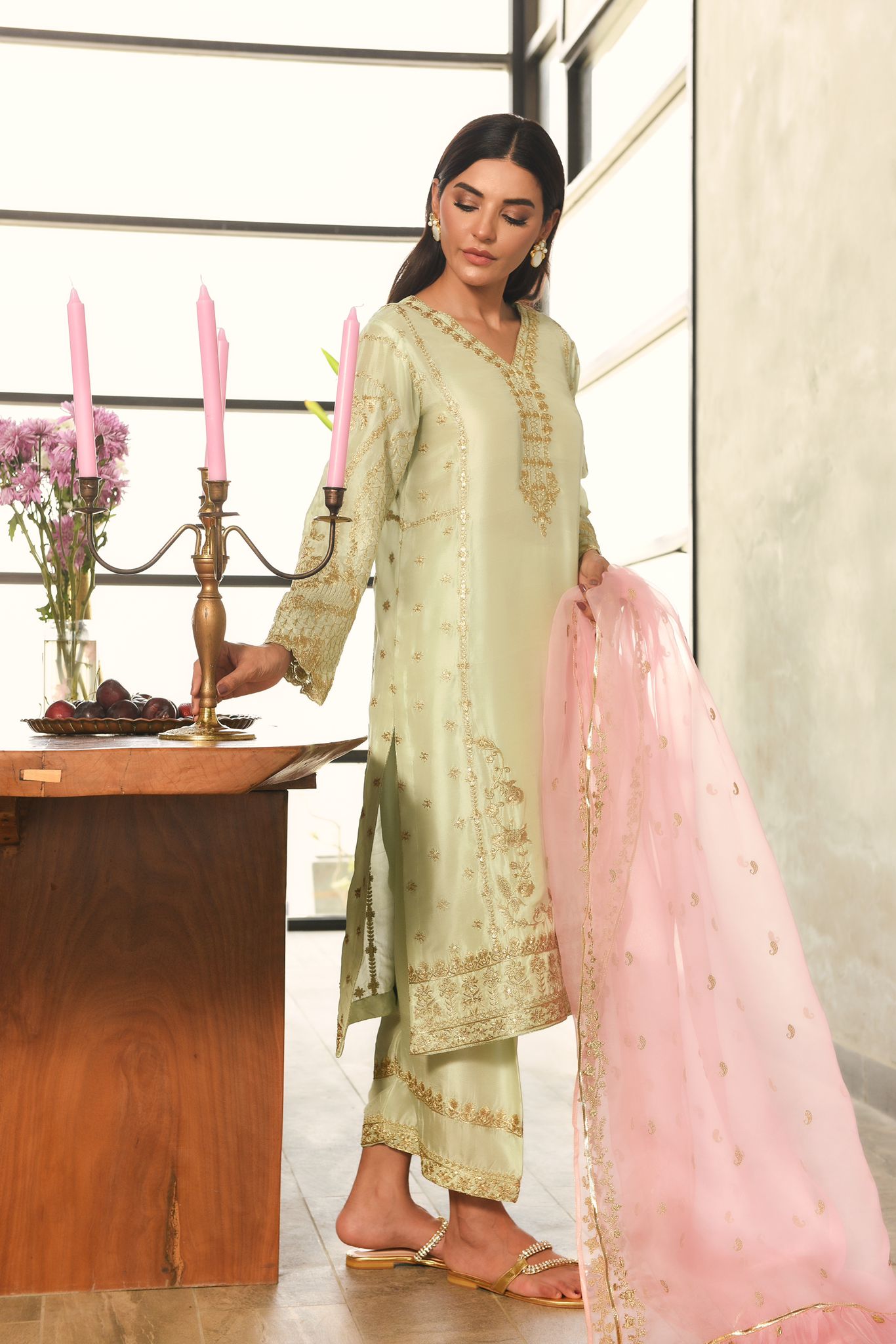 Pakistani Pastel Pistachio Zari Embroidered Raw Silk Salwar Kameez (3-Piece) - Image 2