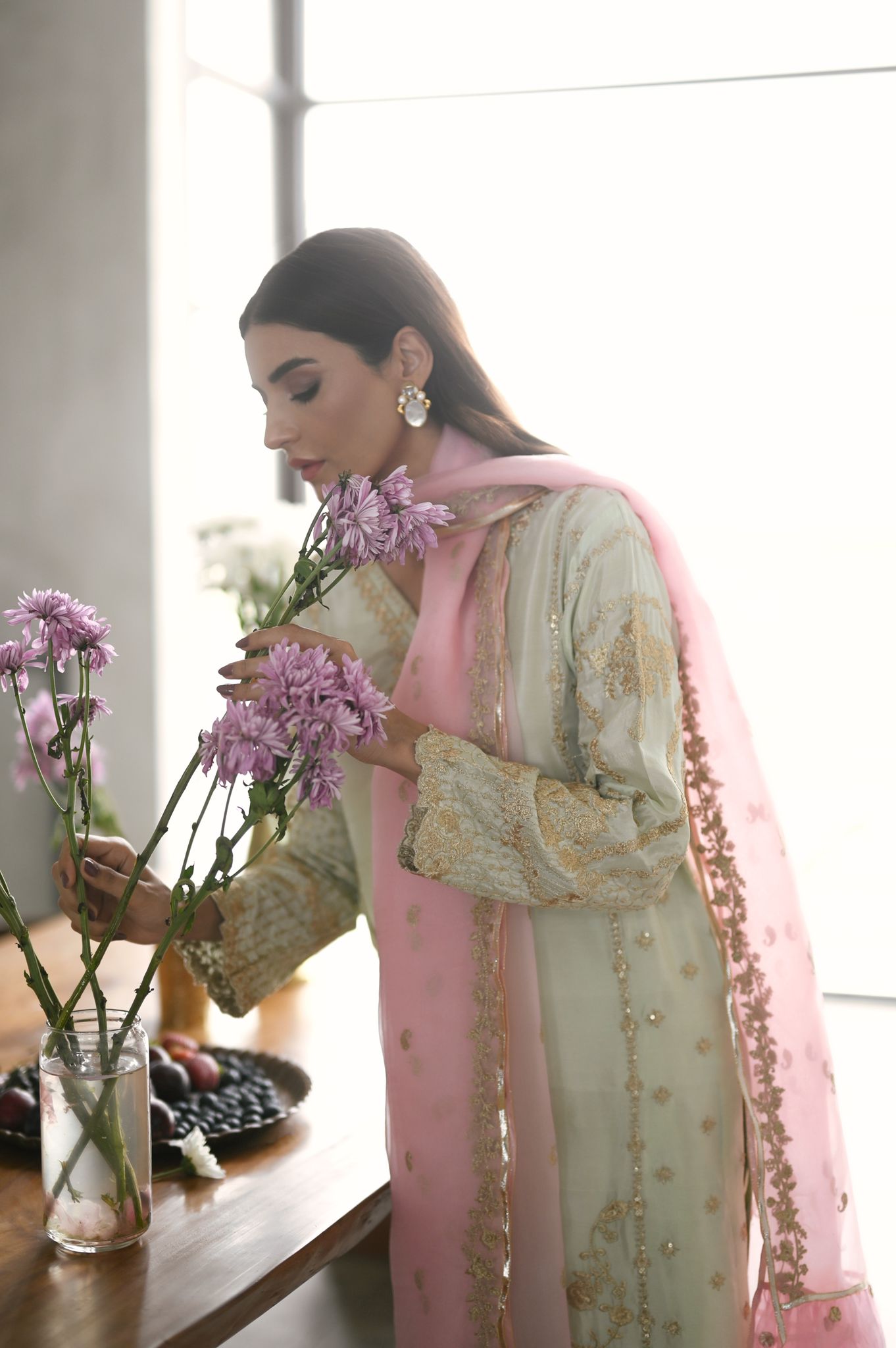 Pakistani Pastel Pistachio Zari Embroidered Raw Silk Salwar Kameez (3-Piece) - Image 4