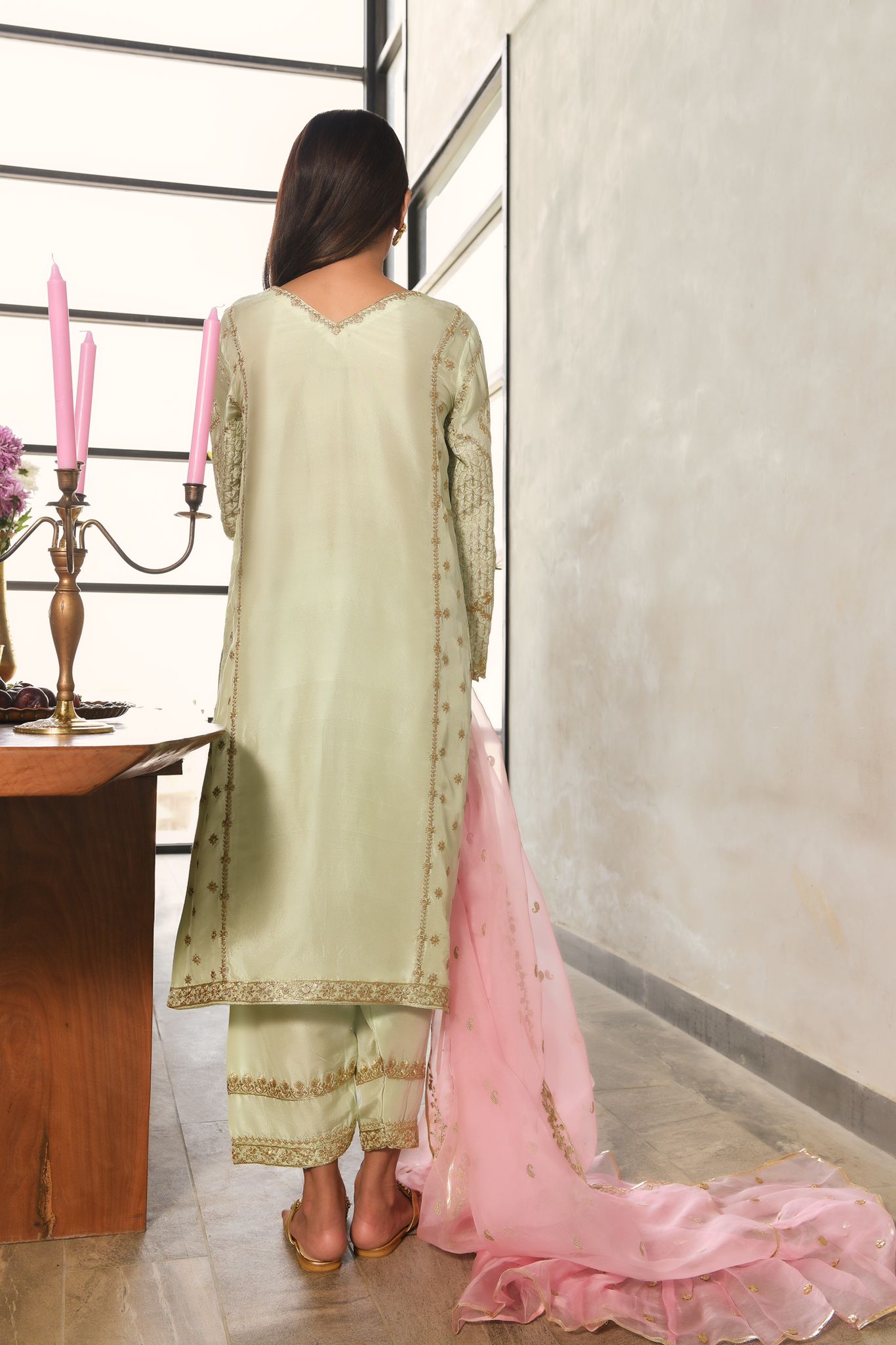 Pakistani Pastel Pistachio Zari Embroidered Raw Silk Salwar Kameez (3-Piece) - Image 5
